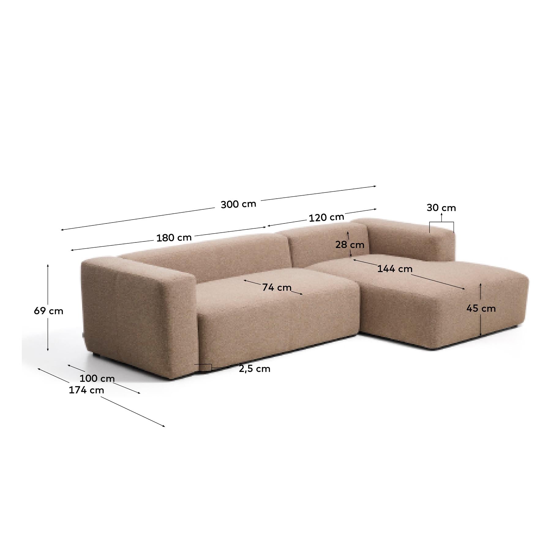 3-Sitzer-Sofa Blok mit Chaiselongue rechts in brauner Chenille, 300 cm, FSC Mix Credit in Taupe präsentiert im Onlineshop von KAQTU Design AG. L-Sofa rechts ist von Kave Home
