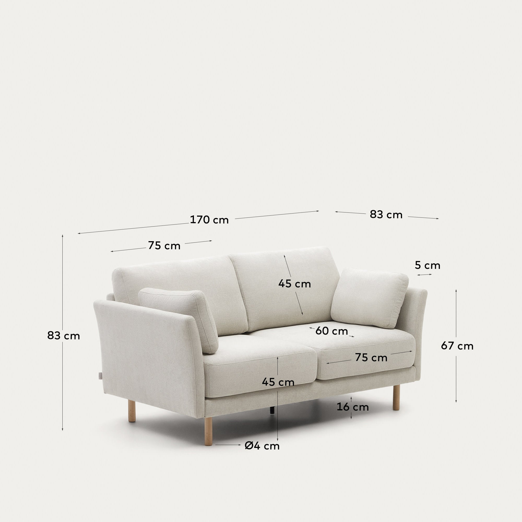 Elegantes 2-Sitzer-Sofa aus perlfarbener Chenille, 170 cm breit, mit Beinen in natürlichem Holzton, von Kave Home.