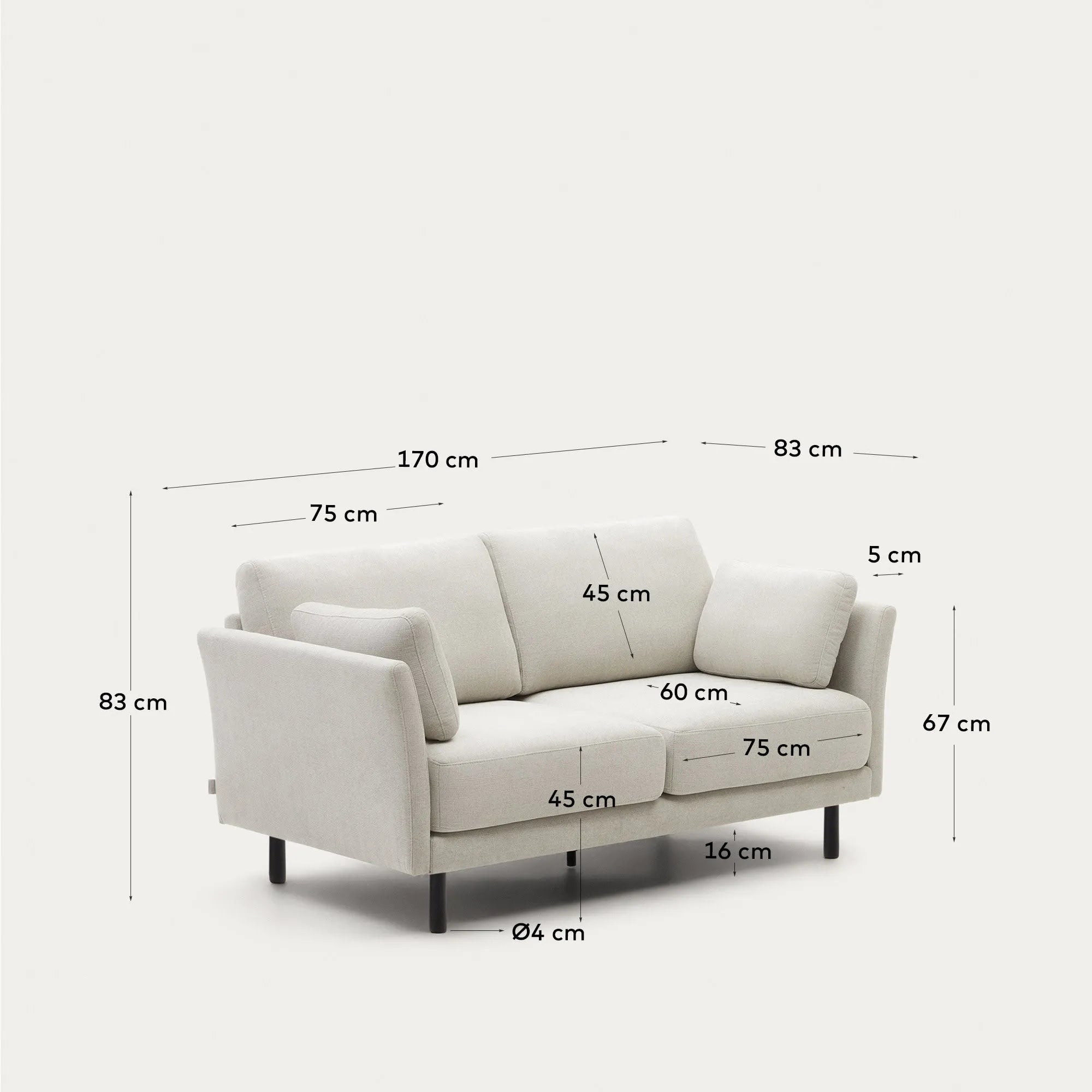 Elegantes 2-Sitzer-Sofa aus perlfarbener Chenille, 170 cm breit, mit schwarzen Beinen, ideal für moderne Wohnräume.