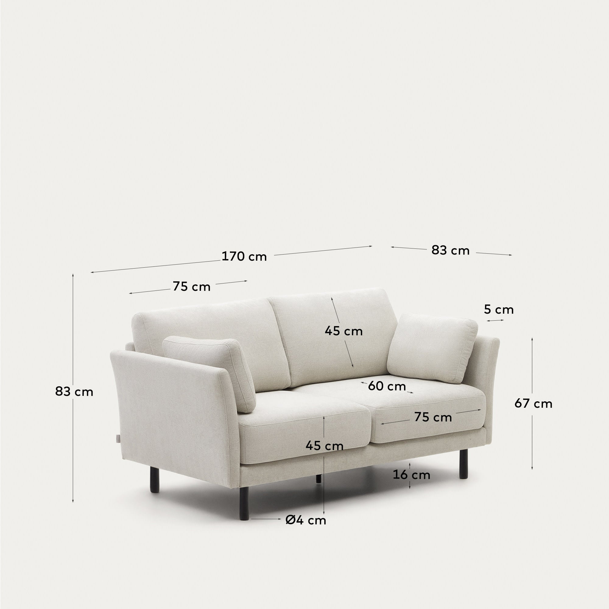 Stilvolles 2-Sitzer-Sofa aus perlfarbener Chenille, 170 cm breit, mit schwarzen Beinen, von Kave Home.