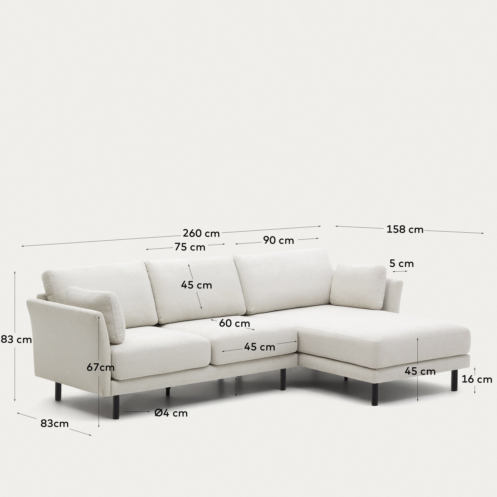 Stilvolles Gilma Sofa, 3-Sitzer mit variabler Chaiselongue, perlenfarbener Chenille-Bezug, schwarze Beine, 260 cm breit.