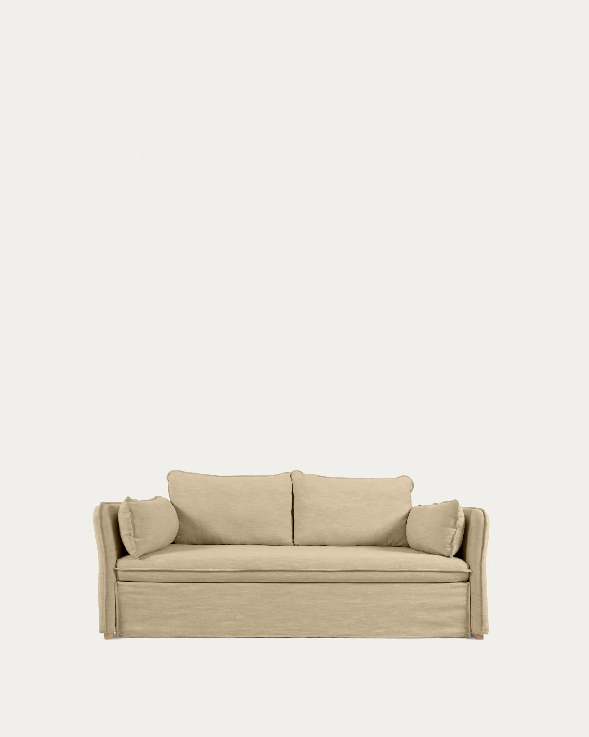 Elegantes beiges Schlafsofa, 210 cm, mit Buchenholzbeinen. Komfortabel, wandelbar, nachhaltig (FSC). Ideal für stilvolles Wohnen.