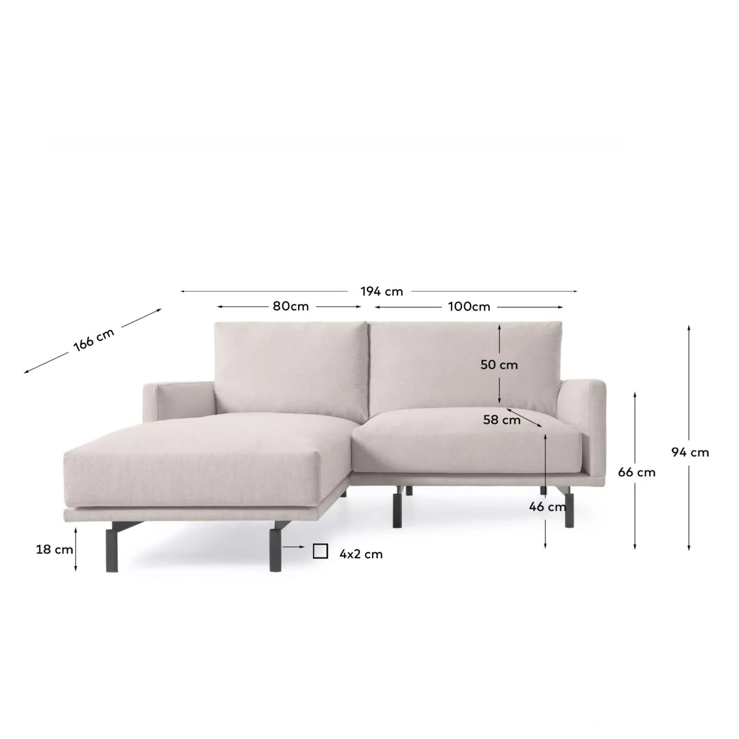 Das Galene Sofa von Kave Home in Beige, 3-Sitzer mit linker Chaiselongue, vereint Stil und Komfort auf 194 cm Länge.
