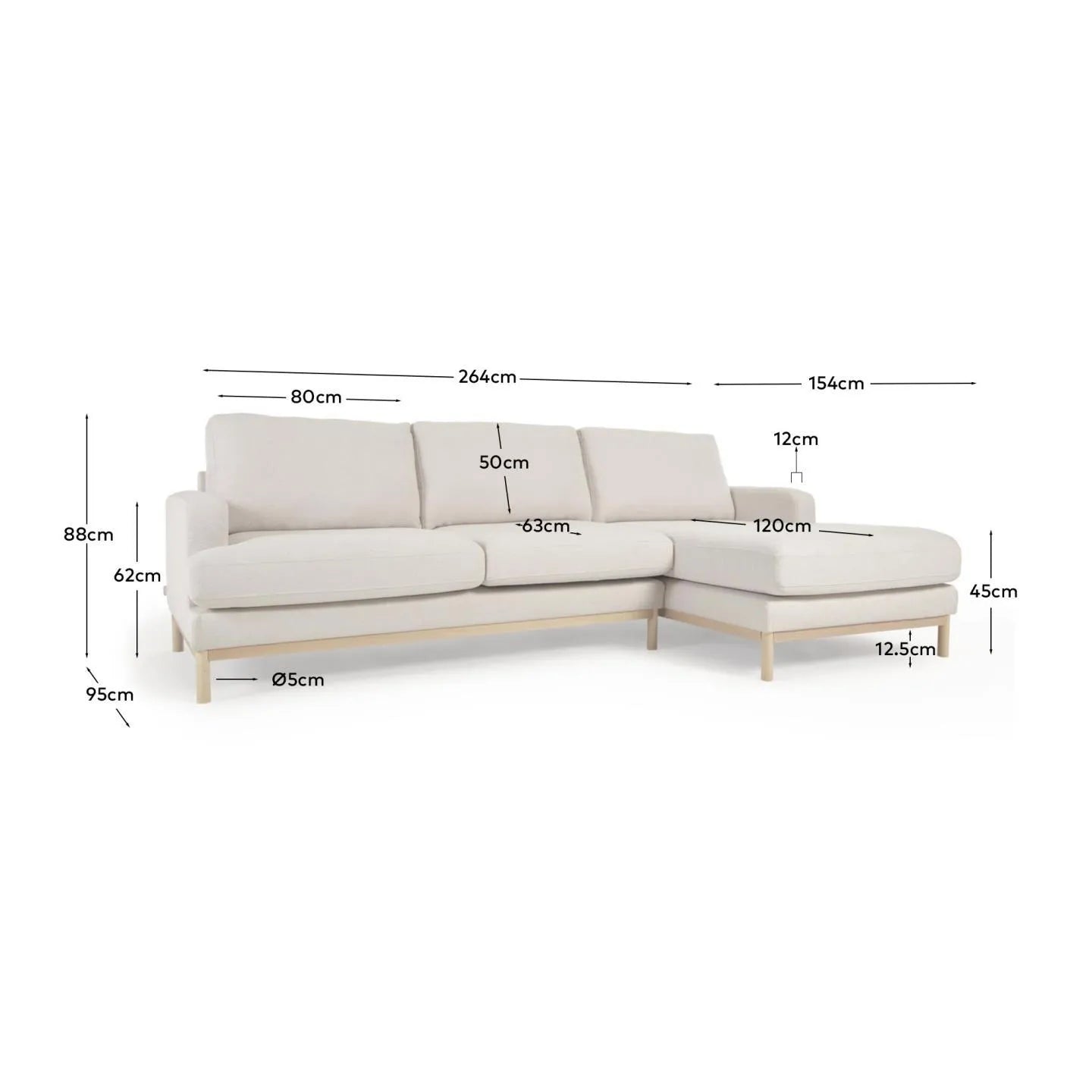 Elegantes 3-Sitzer-Sofa mit rechter Chaiselongue, weißem Mikro-Bouclé-Bezug, recycelter Polsterung, FSC-zertifiziert.