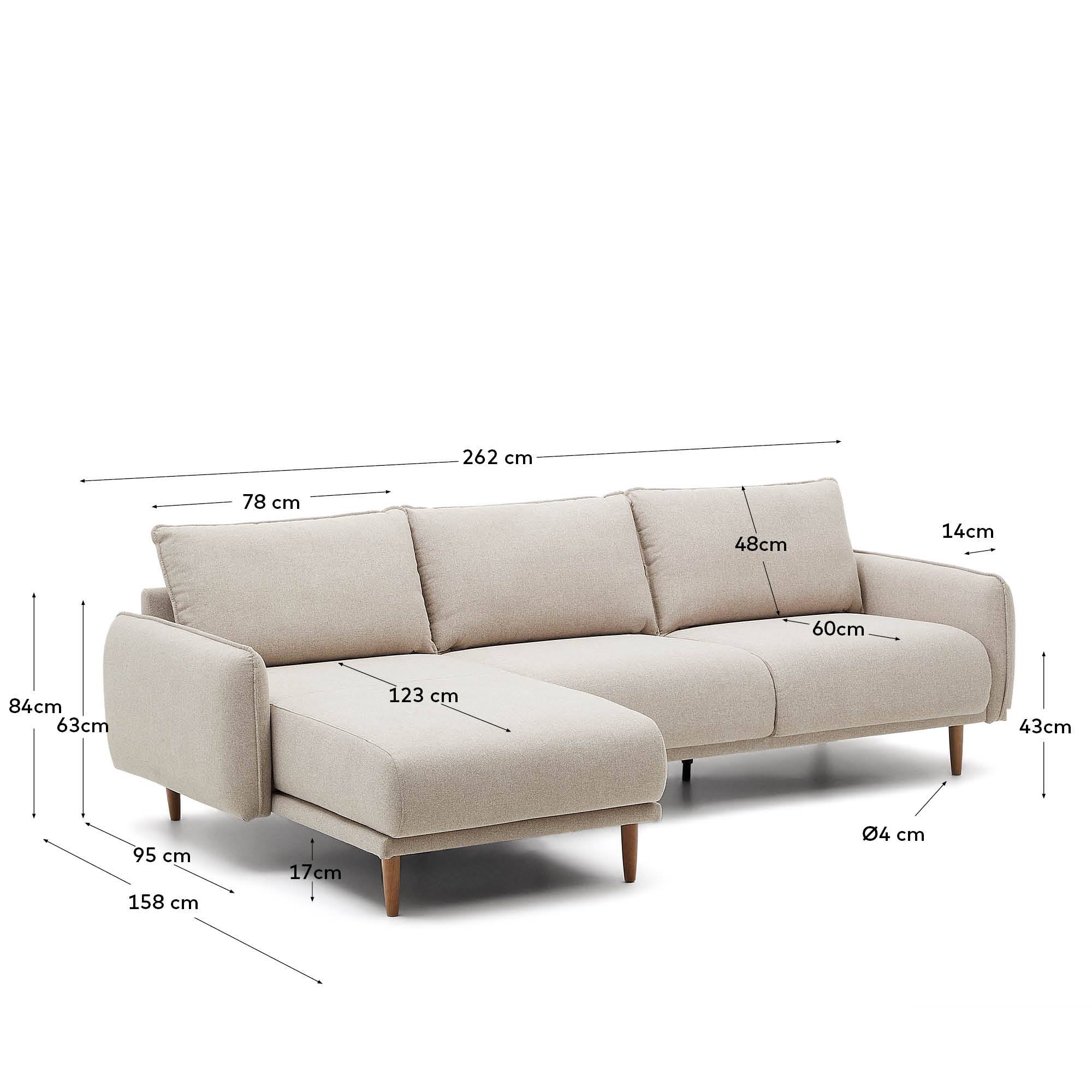 Stilvolles Carlota 3-Sitzer-Sofa mit Chaiselongue, beige, 262 cm, FSC-zertifiziert, von Kave Home, perfekt für Ihr Zuhause.