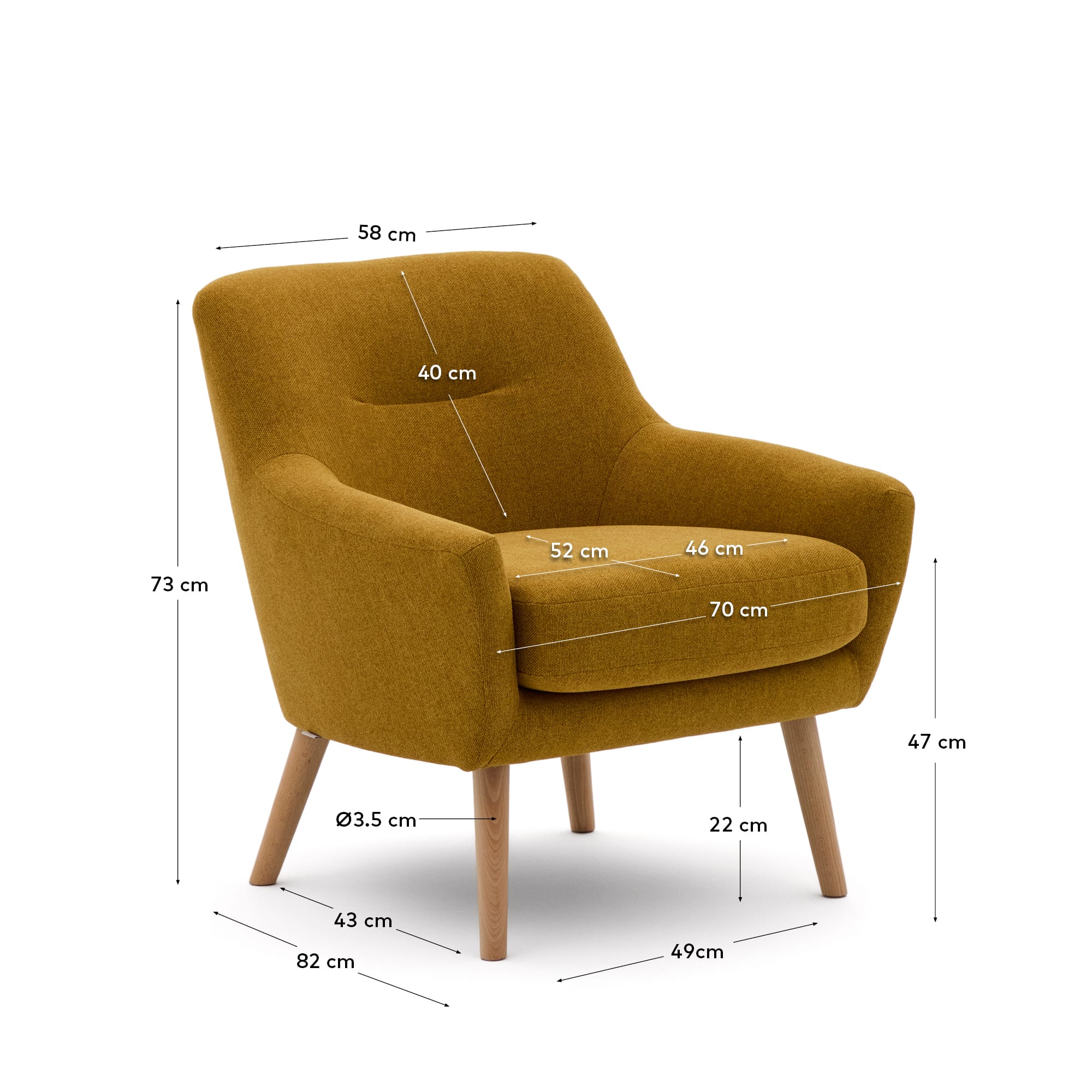 Der Sessel Candela in Senfgelb von Kave Home kombiniert modernes Design mit Komfort, perfekt für stilvolle Wohnräume.