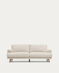 2-Sitzer-Sofa Karin aus beiger Chenille mit Beinen aus massivem Buchenholz mit walnussfarbener Oberfläche 210 cm