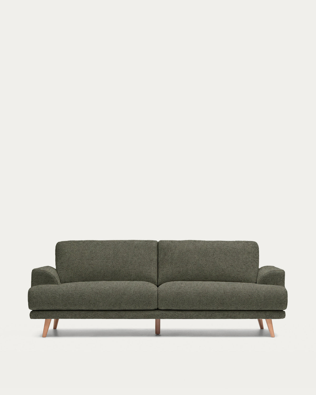 3-Sitzer-Sofa Karin von Kave Home in dunkelgrünem Chenille-Stoff mit Beinen aus massivem Buchenholz, klares modernes Design, 228 cm lang.
