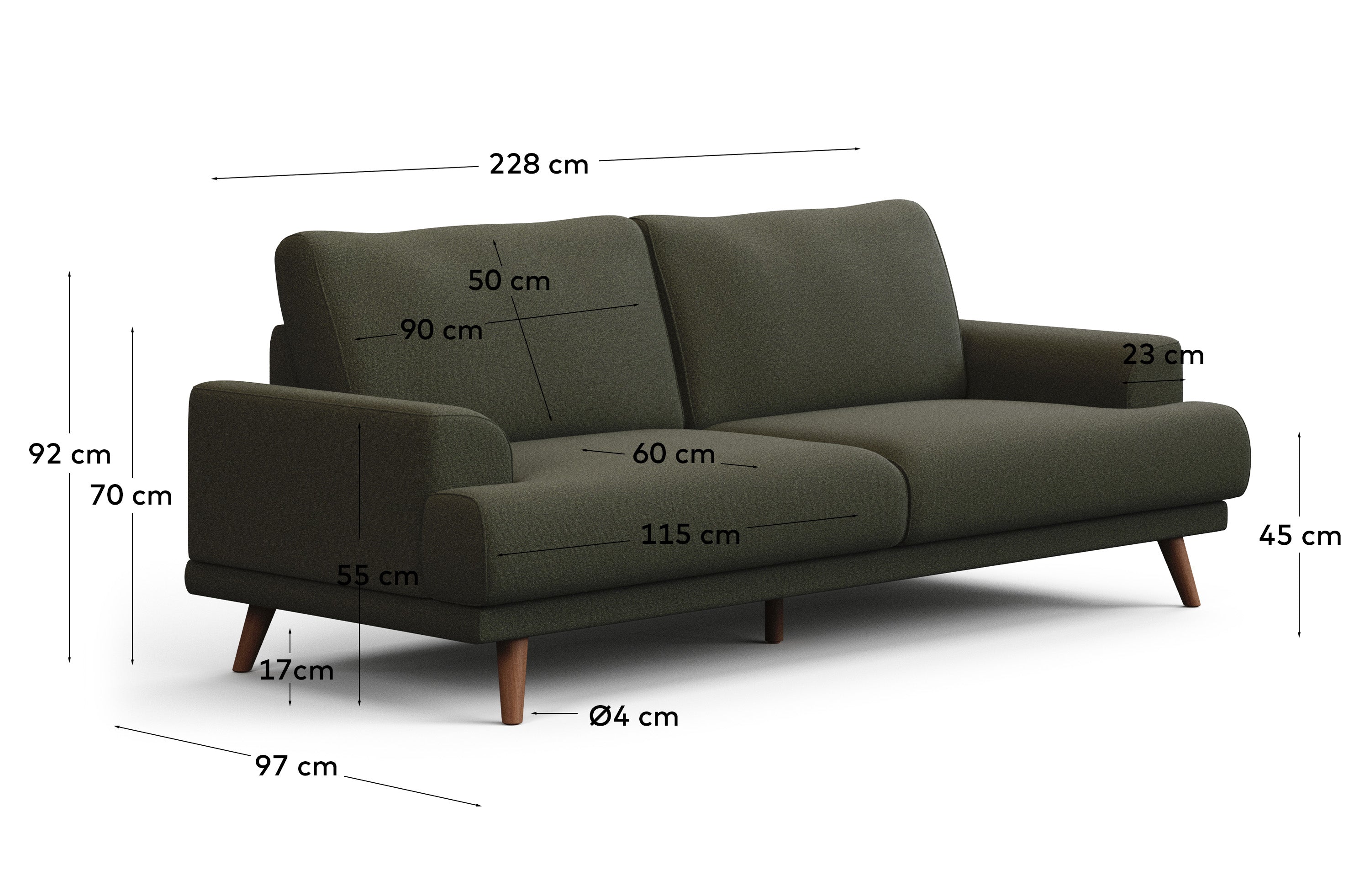 3-Sitzer-Sofa Karin in Dunkelgrün mit Beinen aus massivem Buchenholz 231 cm in Dunkelgrün präsentiert im Onlineshop von KAQTU Design AG. 3er Sofa ist von Kave Home