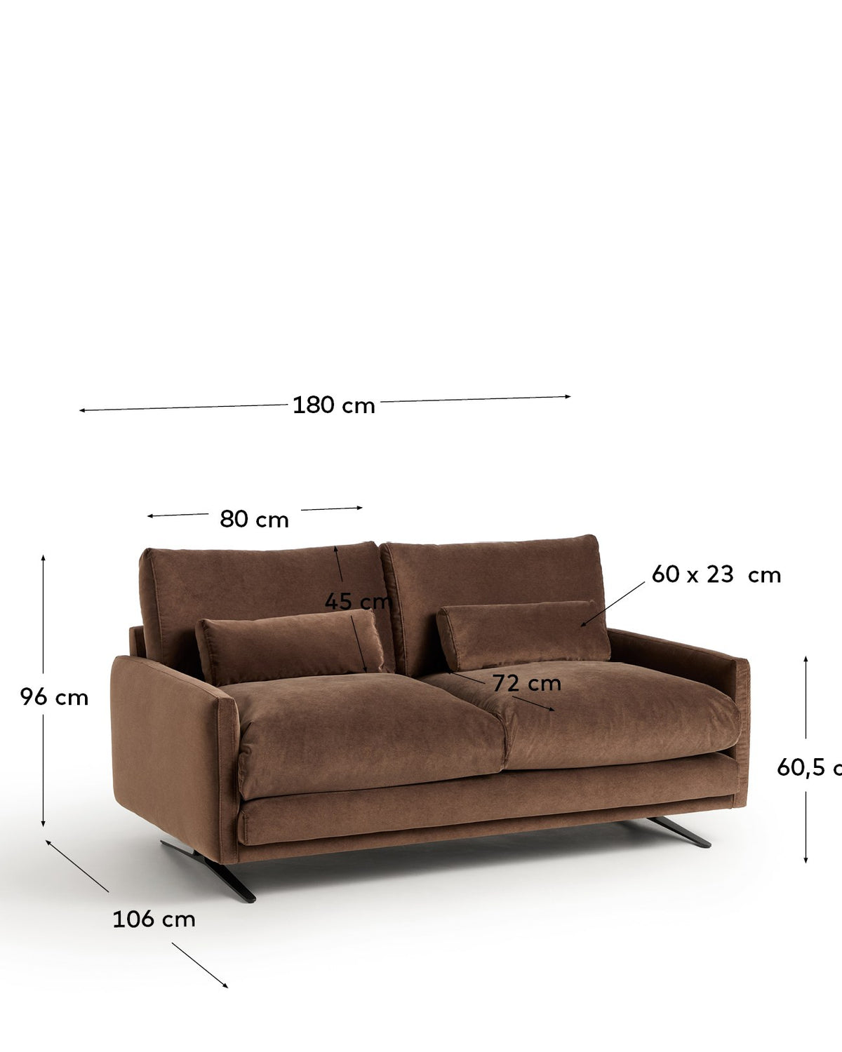 2-Sitzer-Sofa Veliro in schokoladenbraunem Samt mit schwarzen Stahlbeinen, klassische Linienführung, Armlehnen, 180 cm breit.