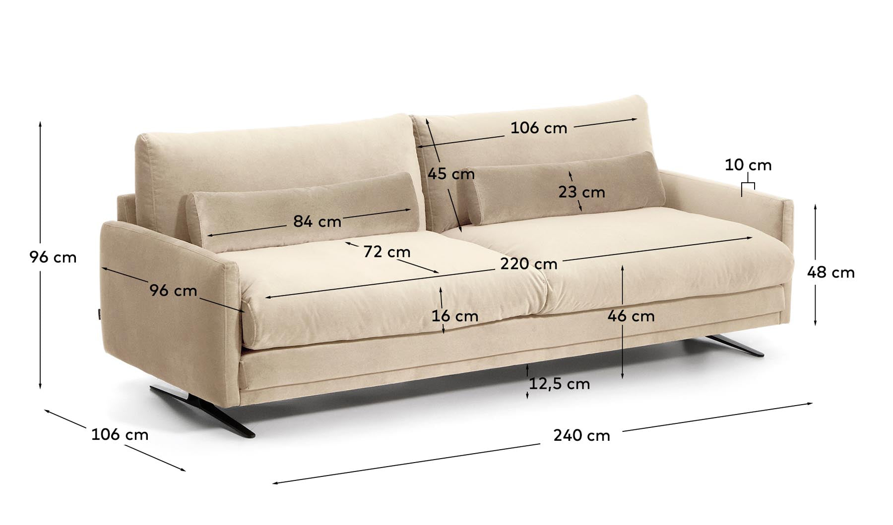 3-Sitzer-Sofa Veliro, schwer entflammbar, mit perlweissem Samt und Stahlbeinen mit schwarzem Finish, 240 cm, FSC Mix Credit in Perle präsentiert im Onlineshop von KAQTU Design AG. 3er Sofa ist von Kave Home