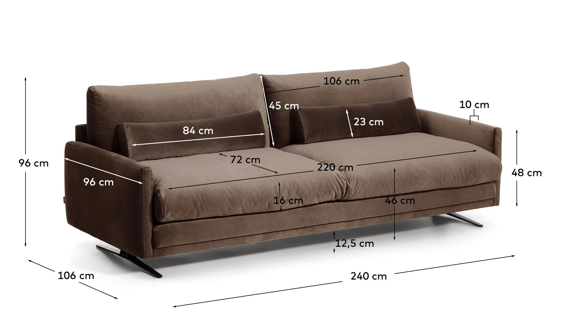3-Sitzer-Sofa Veliro aus schokoladenbraunem Samt mit Stahlbeinen in schwarzer Ausführung, 240 cm FSC Mix Credit in Dunkelbraun präsentiert im Onlineshop von KAQTU Design AG. 3er Sofa ist von Kave Home