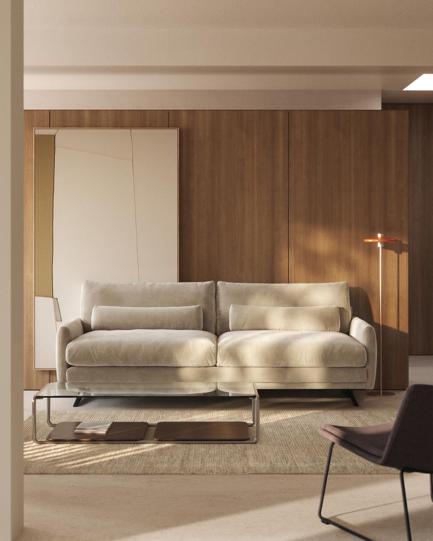 3-Sitzer-Sofa Veliro aus perlfarbenem Samt mit Stahlbeinen in schwarzer Ausführung, 240 cm FSC Mix Credit in Perle präsentiert im Onlineshop von KAQTU Design AG. 3er Sofa ist von Kave Home