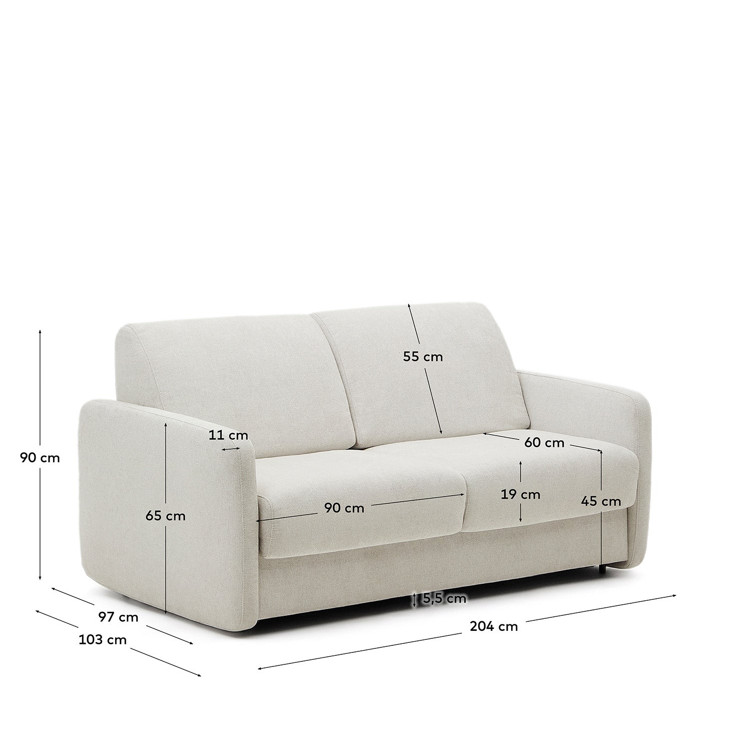 Das Nuala Schlafsofa in Perlweiß, 204 cm, bietet elegantes Design, hohen Komfort und praktische Funktionalität als 3-Sitzer.