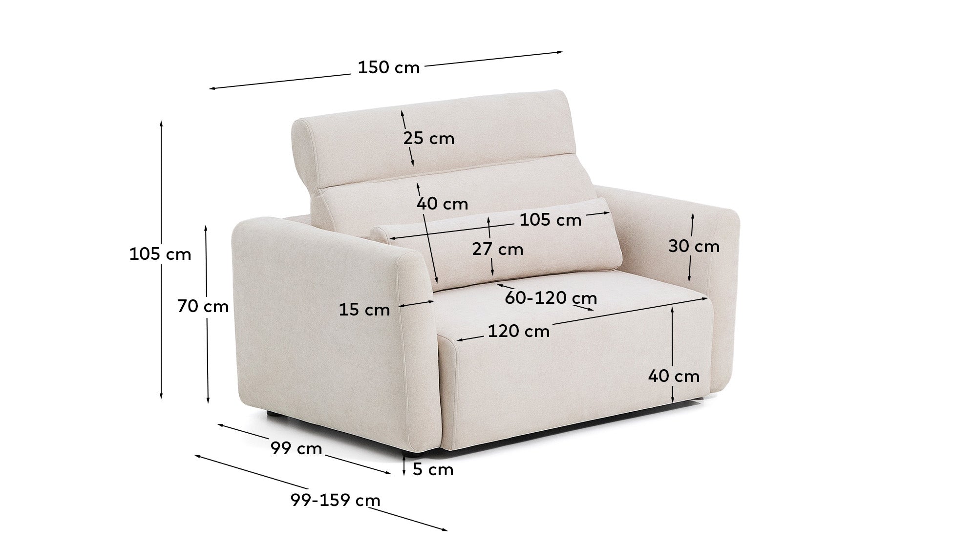 2-Sitzer-Sofa Lares mit elektrisch ausfahrbaren Sitzen und verstellbarer Kopfstütze in beiger Chenille, 150 cm in Beige präsentiert im Onlineshop von KAQTU Design AG. 2er Sofa ist von Kave Home