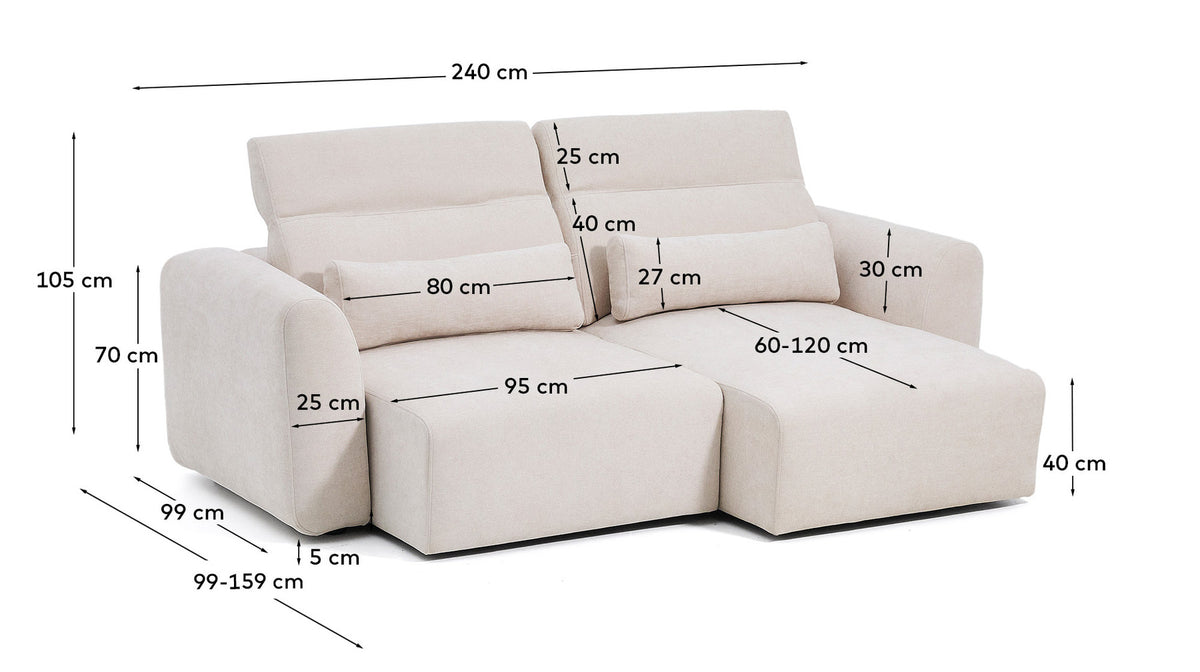 3-Sitzer-Sofa Lares mit elektrisch ausfahrbaren Sitzen und verstellbarer Kopfstütze in beiger Chenille, 240 cm in Beige präsentiert im Onlineshop von KAQTU Design AG. 3er Sofa ist von Kave Home