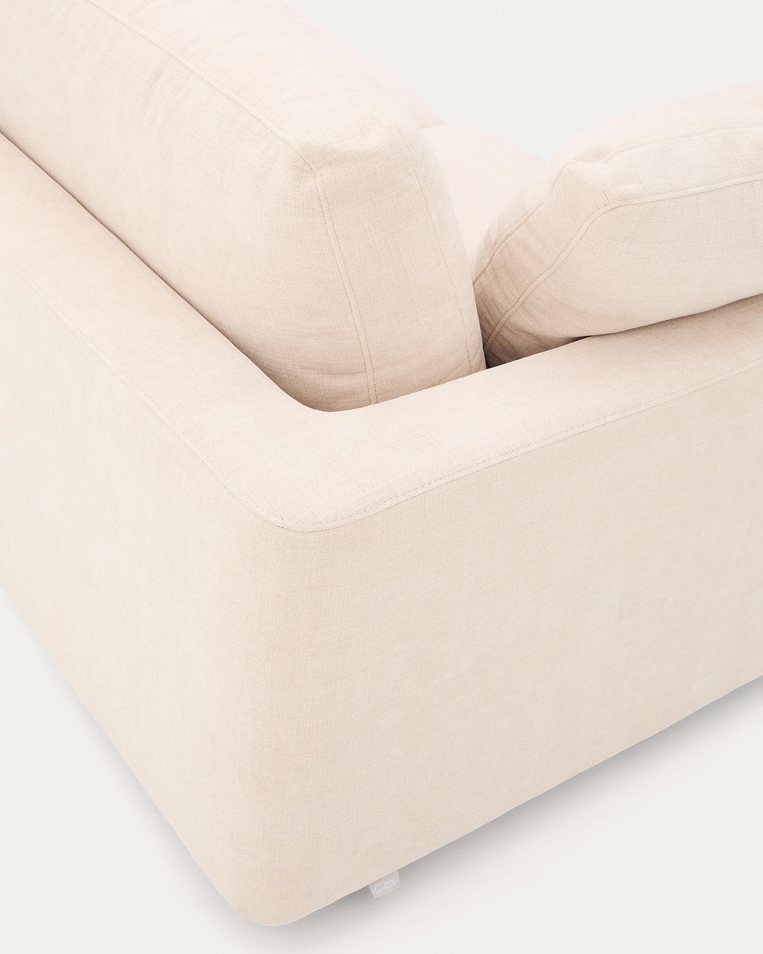 Elegantes 4-Sitzer-Sofa aus beigem Chenille, 300 cm breit, FSC-zertifiziert, vereint Stil, Komfort und Nachhaltigkeit.