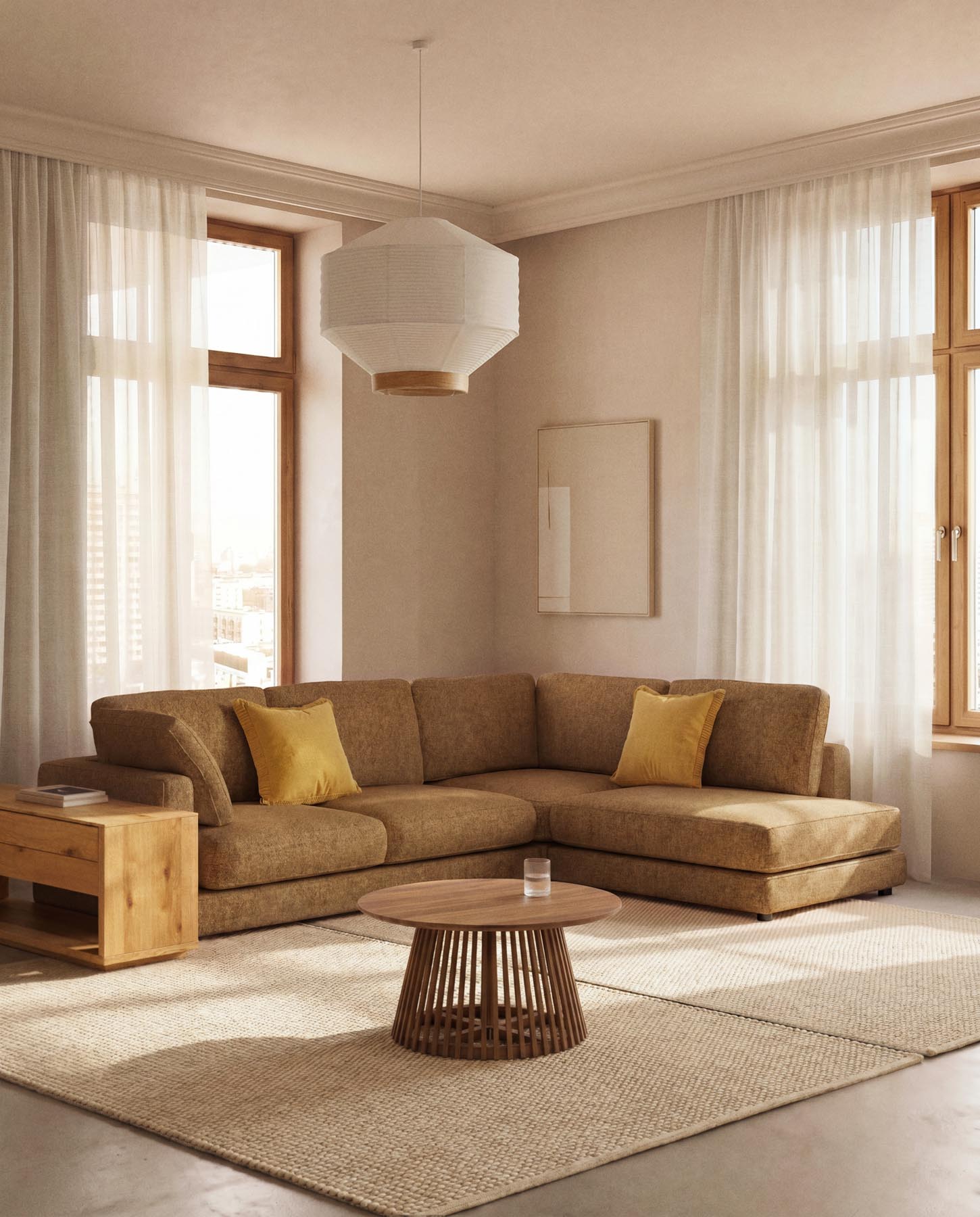 5-Sitzer-Ecksofa Gala mit Randmodul rechts aus senfgelbem Microbouclé, FSC Mix Credit, 300 x 225 cm in Senfgelb präsentiert im Onlineshop von KAQTU Design AG. L-Sofa rechts ist von Kave Home