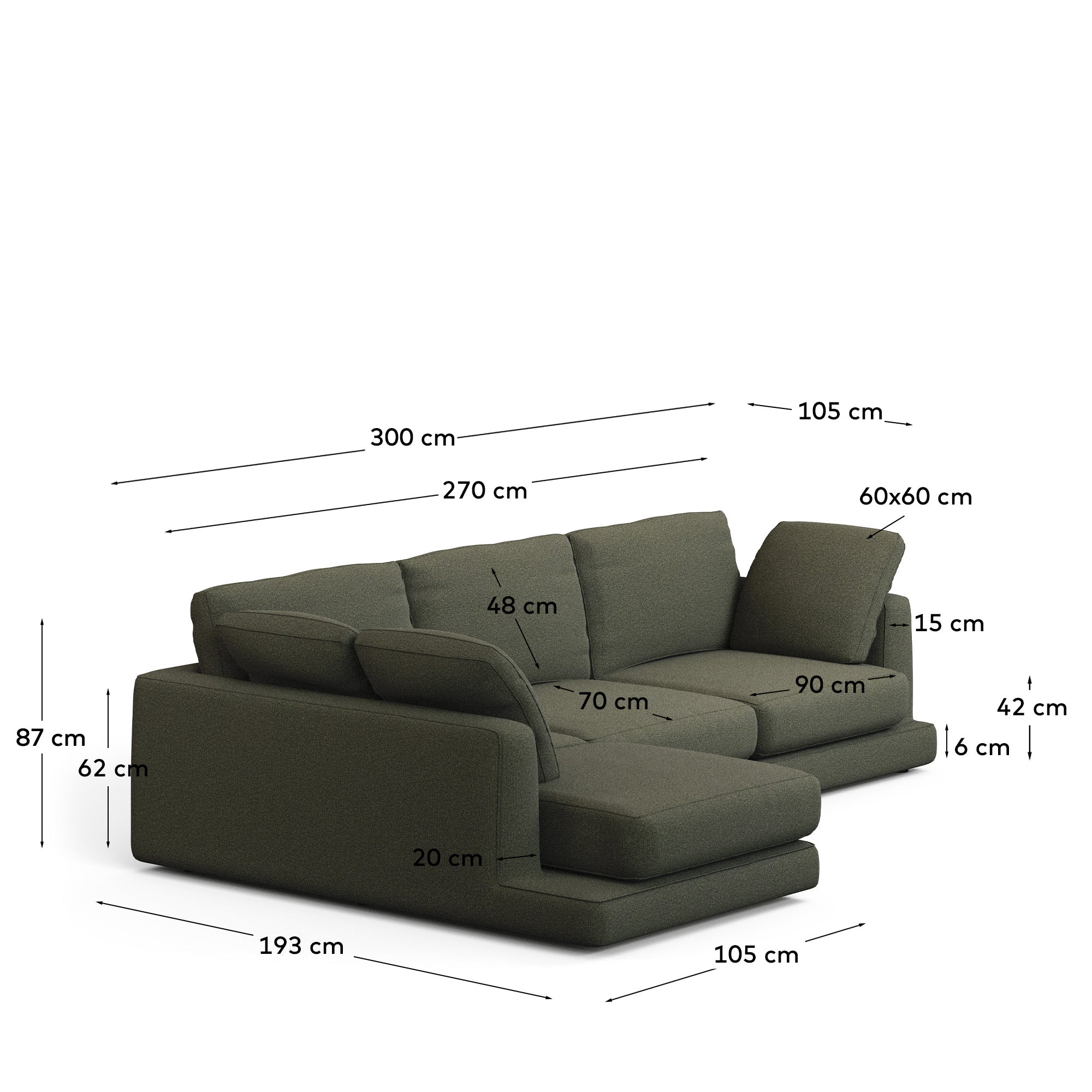 Gala 4-Sitzer-Sofa mit Chaiselongue links aus dunkelgrüner Chenille FSC Mix Credit 300 cm in Dunkelgrün präsentiert im Onlineshop von KAQTU Design AG. L-Sofa links ist von Kave Home