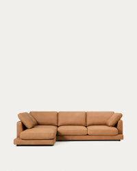 Divano Gala 4 posti con chaise longue a sinistra in pelle marrone, 300 cm