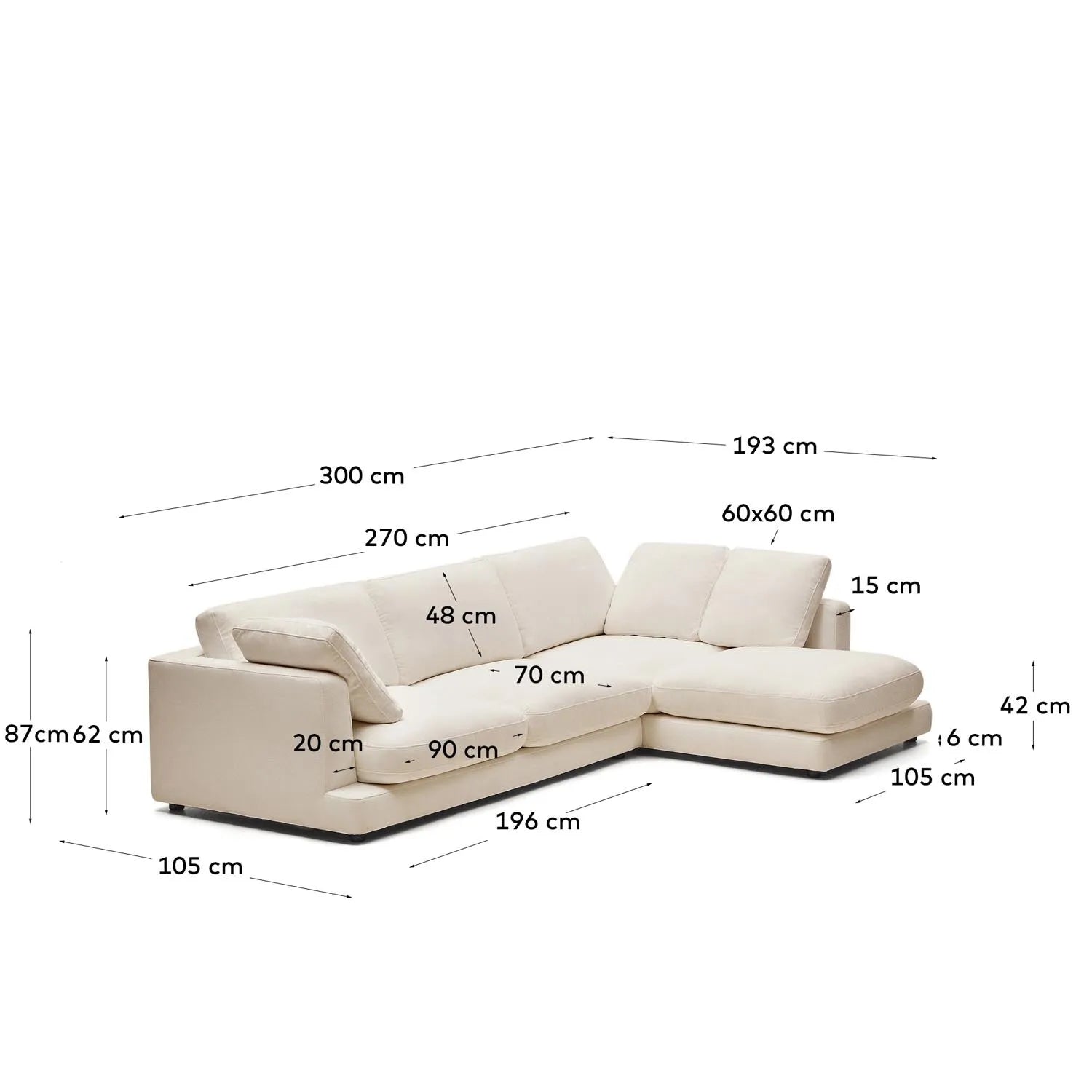 Elegantes Kave Home Sofa mit rechter Chaiselongue, 300 cm, beige.