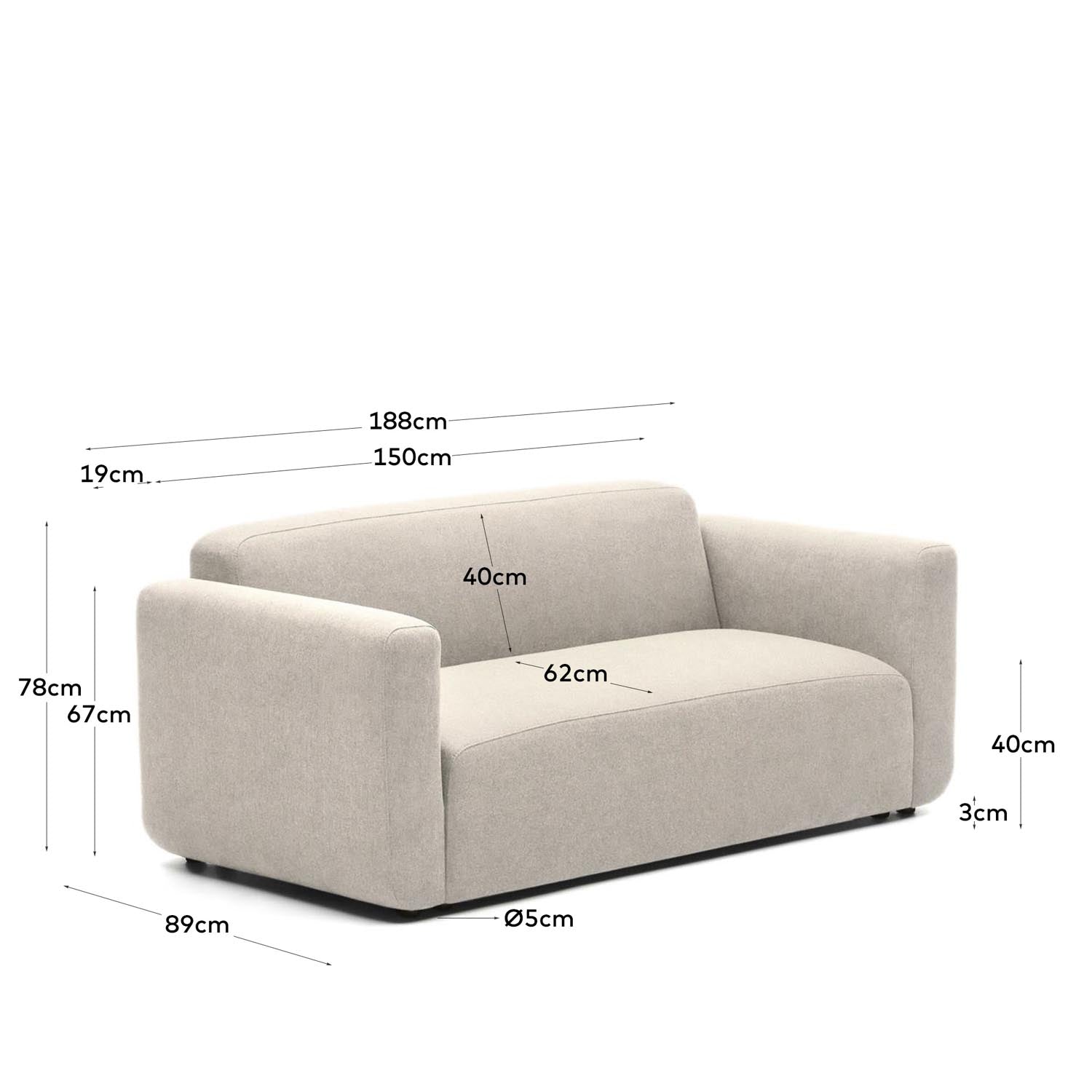 Elegantes Neom 2-Sitzer-Sofa in Beige, 188 cm, von Kave Home.