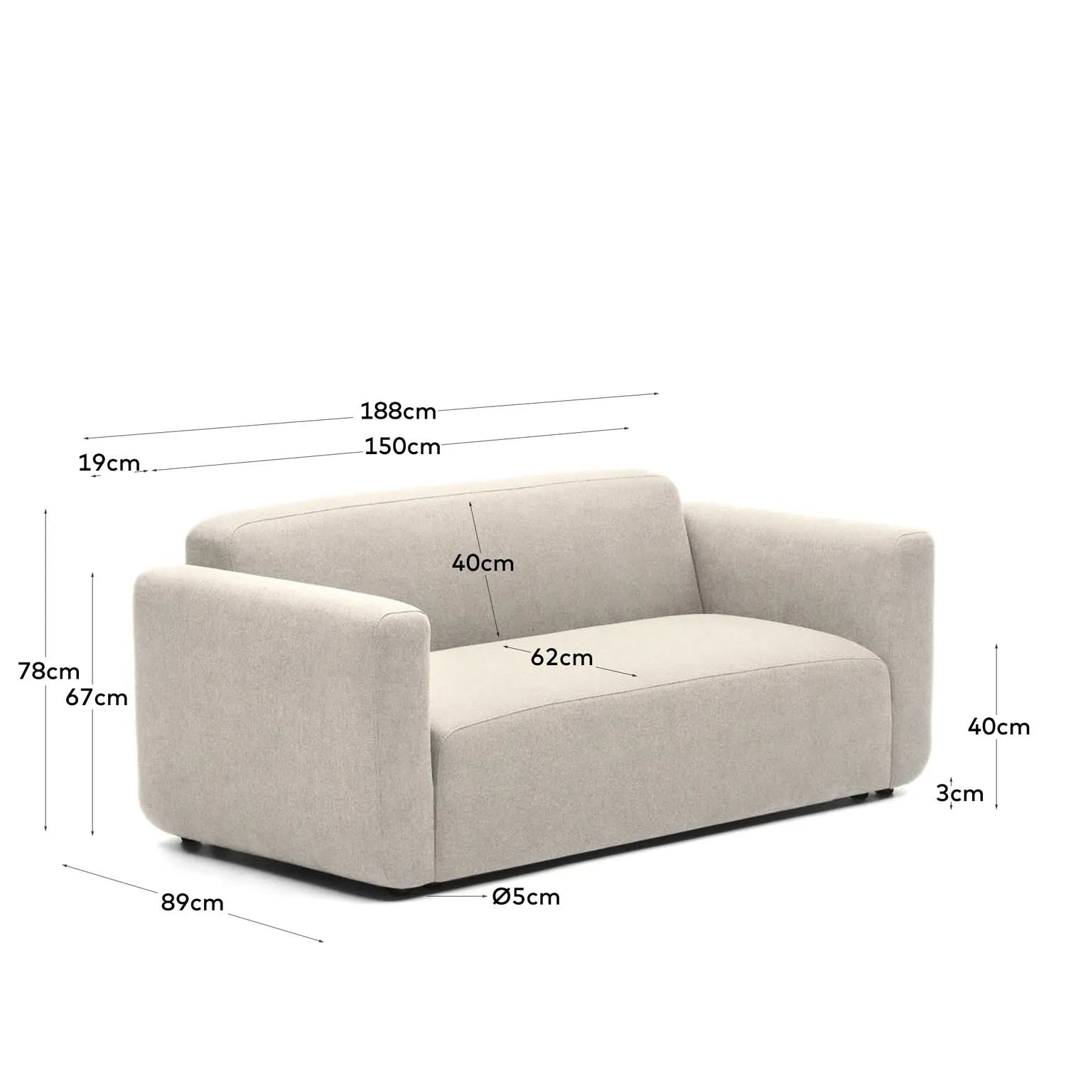 Elegantes Neom 2-Sitzer-Sofa in Beige, 188 cm, von Kave Home.