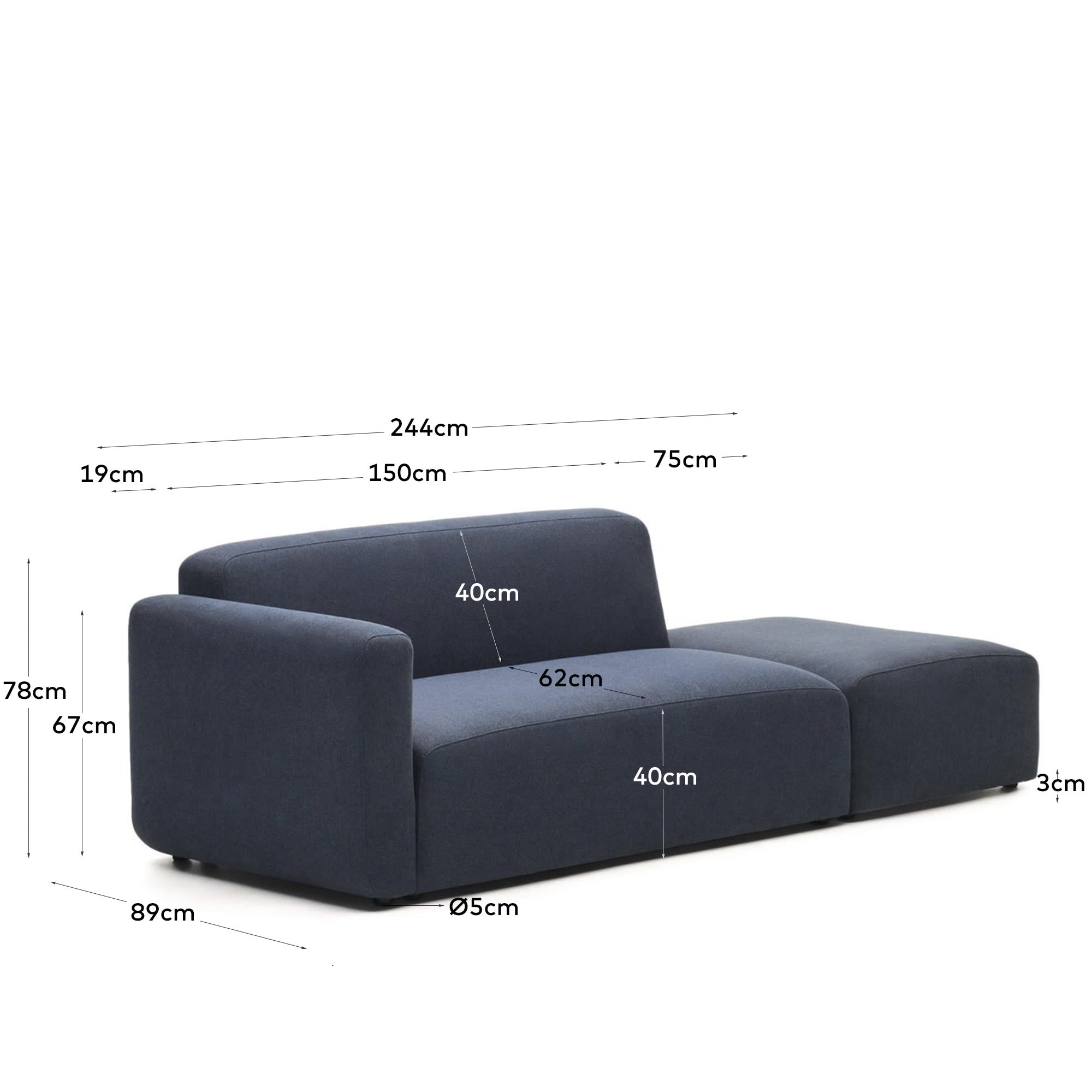 Elegantes 2-Sitzer-Sofa in Blau, 244 cm, mit Randmodul. Modular, nachhaltig und modern von Kave Home.