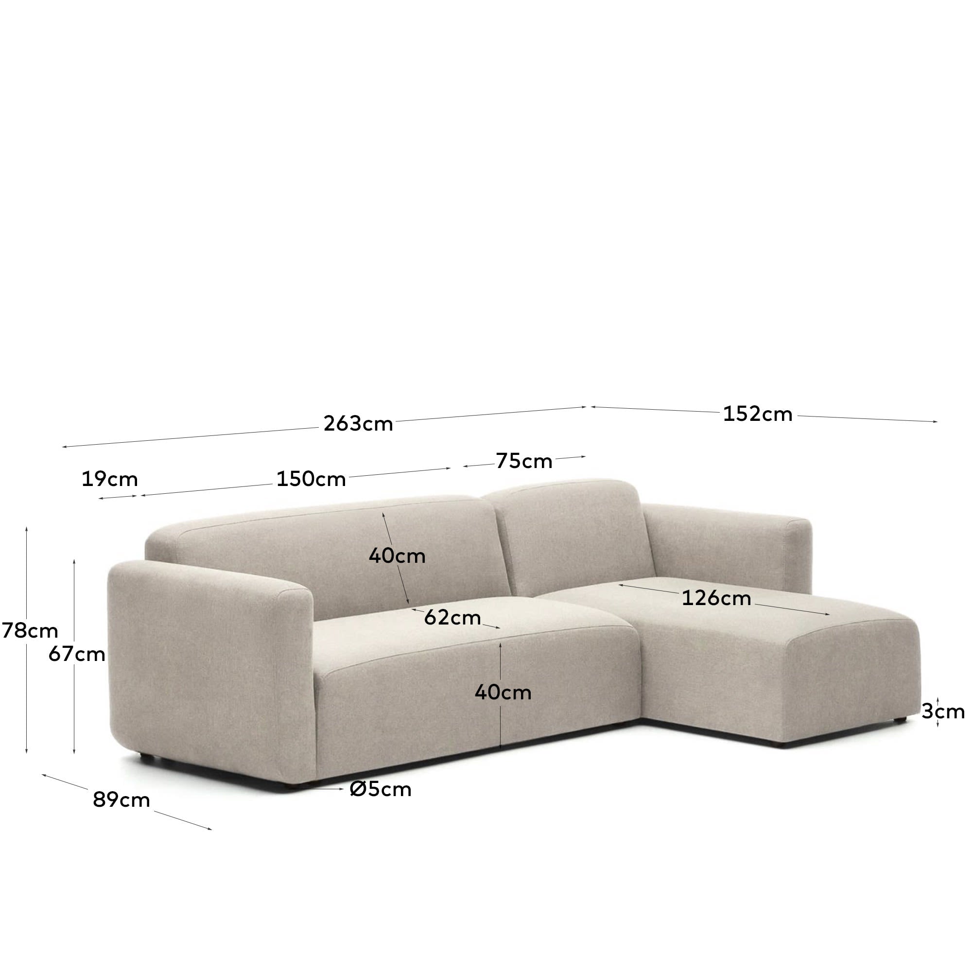 Modulares 3-Sitzer-Sofa mit Chaiselongue, beige, 263 cm, FSC-zertifiziert, von Kave Home. Stilvoll und nachhaltig.