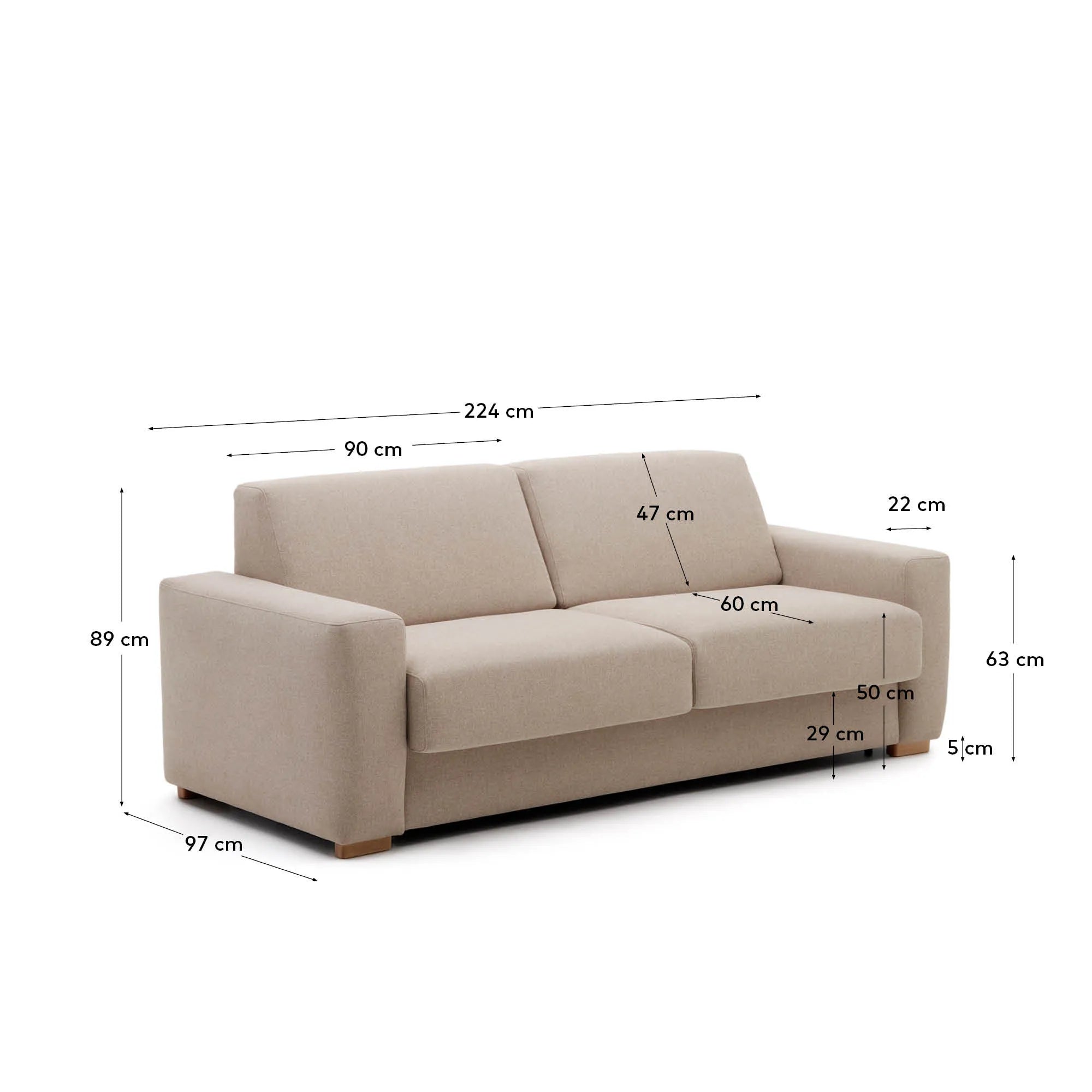 Elegantes 3-Sitzer-Sofa in Beige, wandelbar zum Bett, mit nachhaltigem FSC-zertifiziertem Holz und viskoelastischer Polsterung.