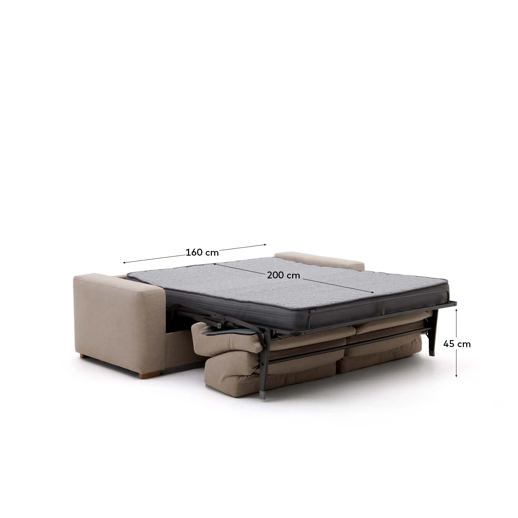 Elegantes 3-Sitzer-Sofa in Beige, wandelbar zum Bett, mit nachhaltigem FSC-zertifiziertem Holz und viskoelastischer Polsterung.