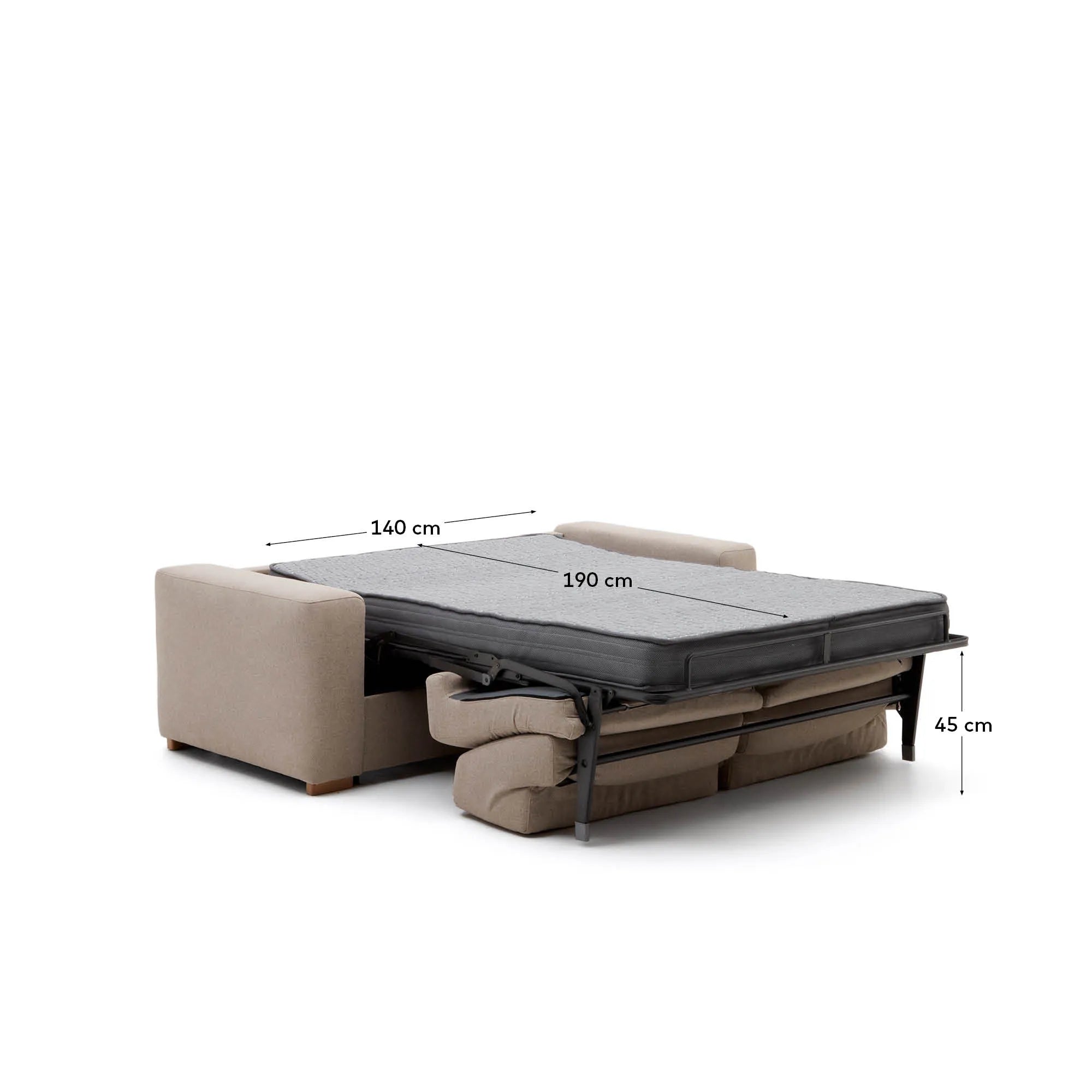 Elegantes 2-Sitzer-Bettsofa in Beige, wandelbar und komfortabel, mit FSC-zertifiziertem Holzrahmen.