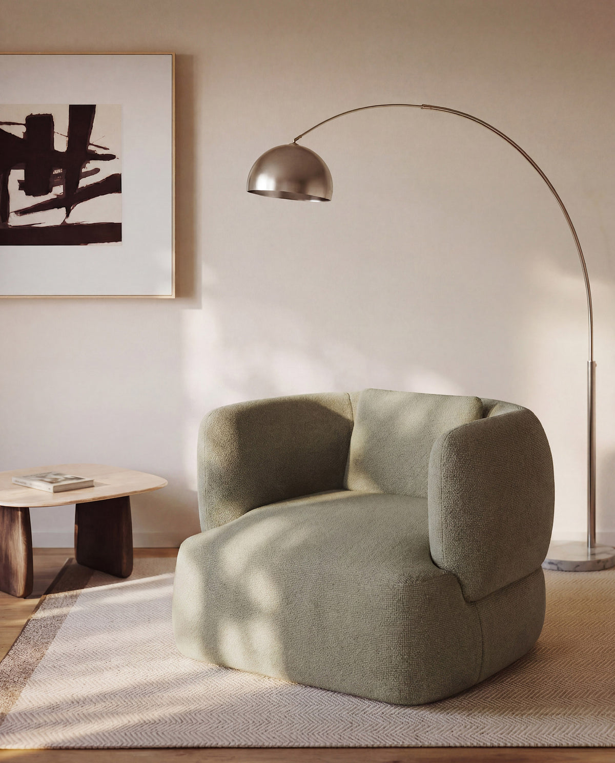 Schwer entflammbarer Drehsessel Martina mit Kissen in grüner Chenille FSC Mix Credit in Grün präsentiert im Onlineshop von KAQTU Design AG. Sessel ist von Kave Home