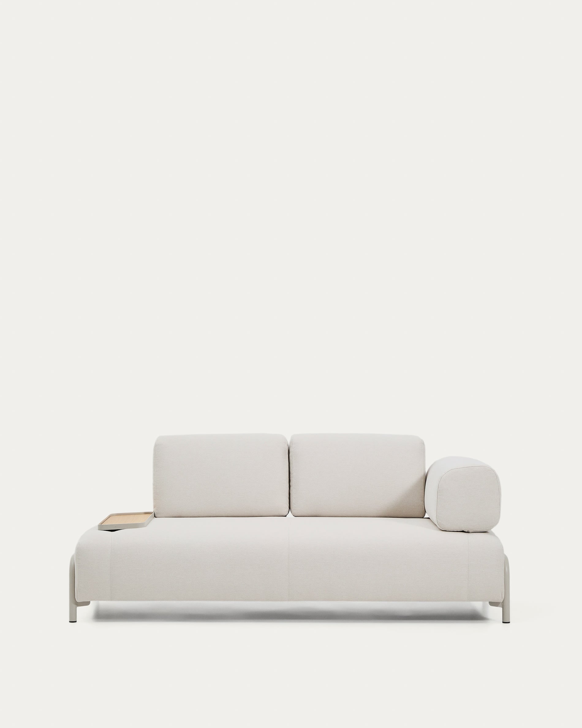 2-seater sofa compo made of chenille in ECRU, small tray with oak veneer and beige mead