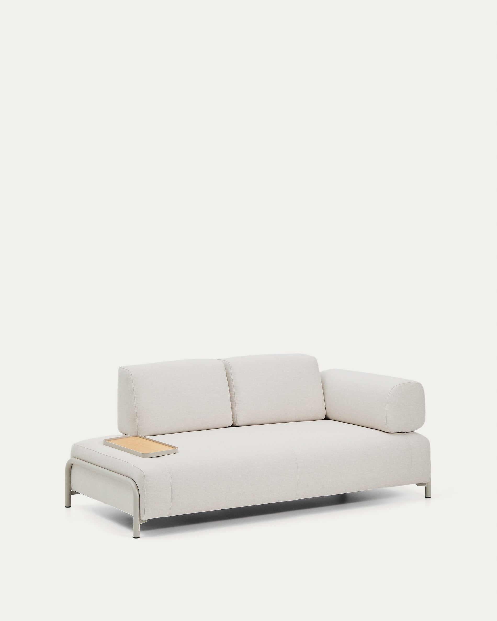 2-seater sofa compo made of chenille in ECRU, small tray with oak veneer and beige mead