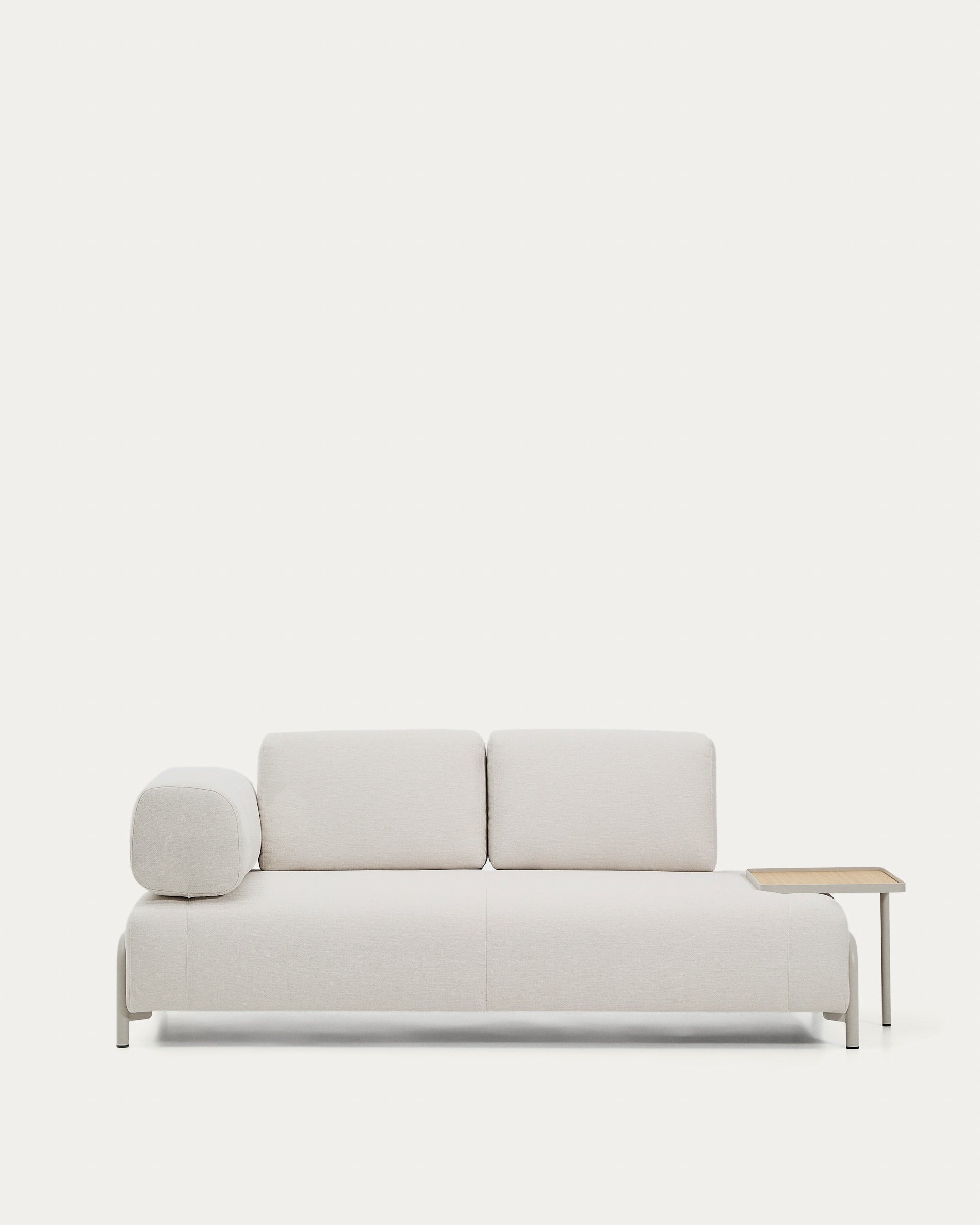 2-seater sofa compo made of chenille in Ecru, large tray with oak veneer and beige meta