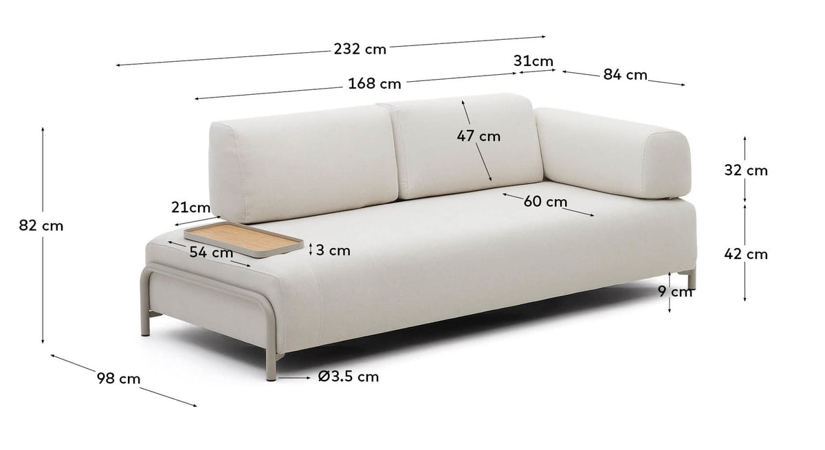 Compo 3-Sitzer-Sofa Beige, kleines Tablett Eichenfurnier und Metallgestell beige 232cm FSC Mix Credit in Beige präsentiert im Onlineshop von KAQTU Design AG. 3er Sofa ist von Kave Home