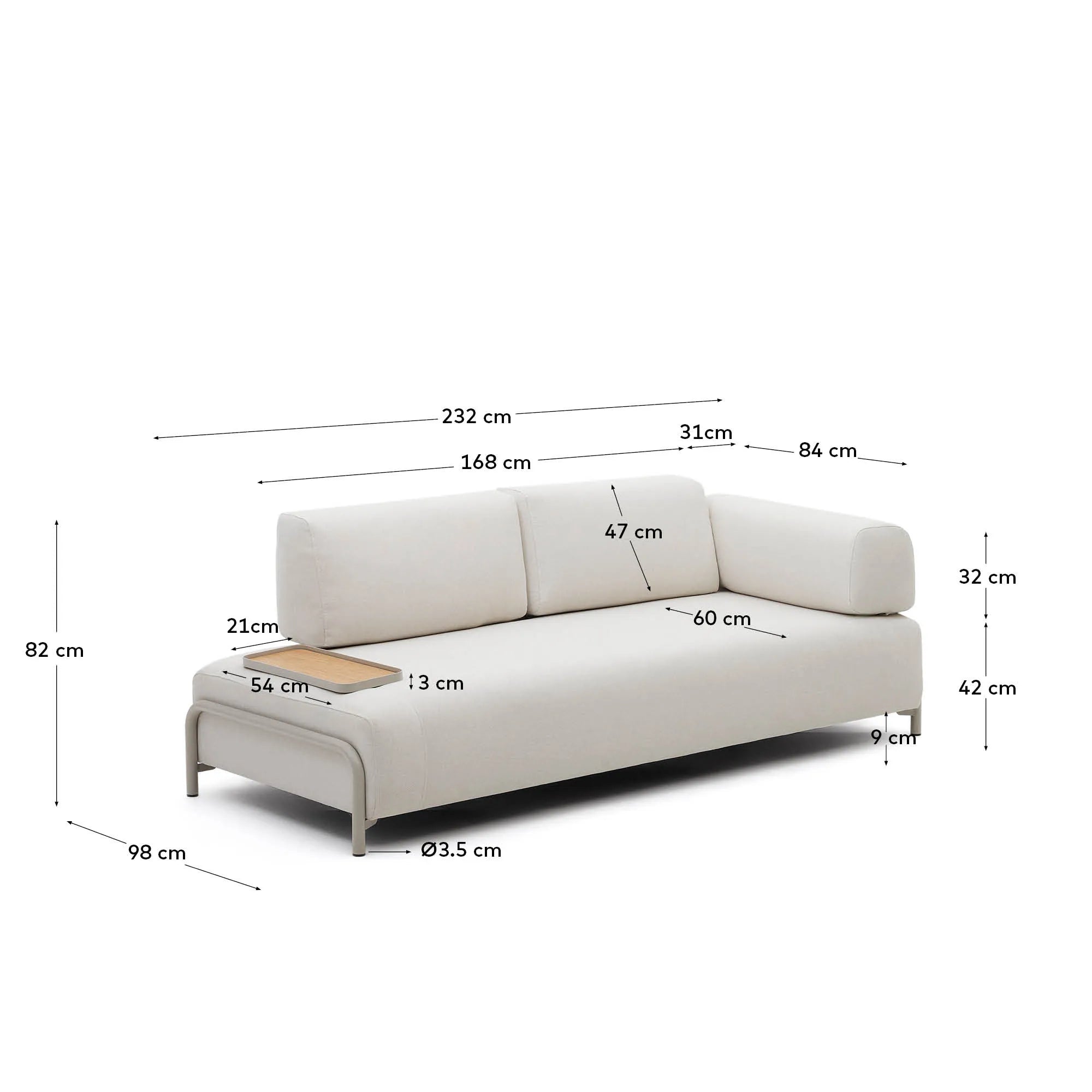 Elegantes 3-Sitzer-Sofa in Beige mit Eichenfurnier-Tablett und stabilem Metallgestell, ideal für stilvolle Entspannung.