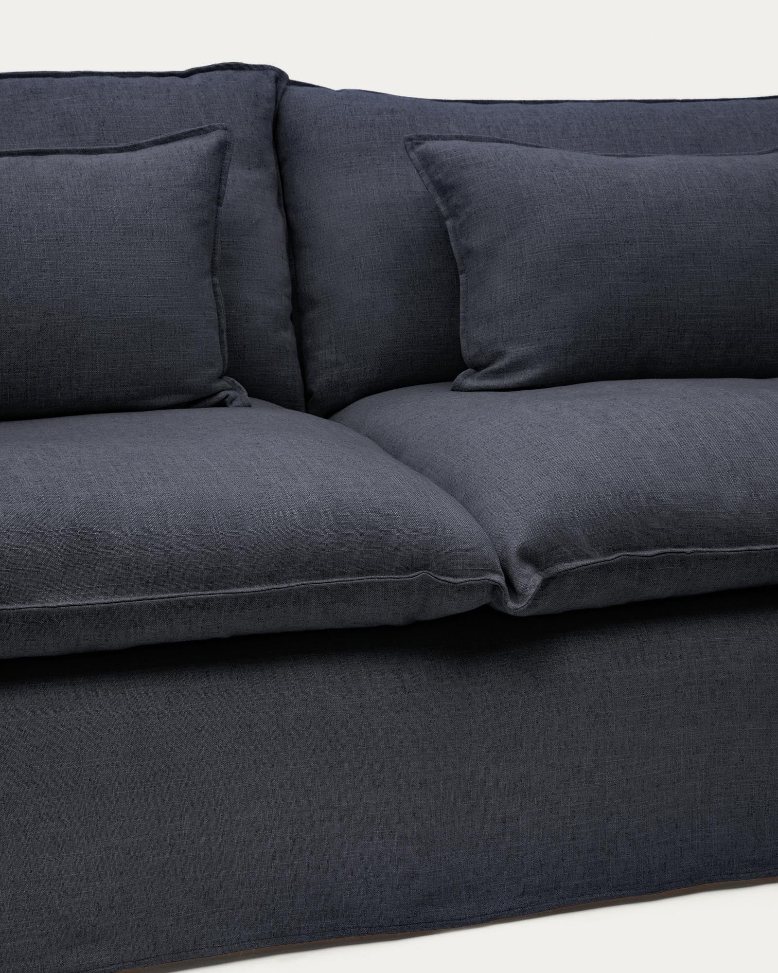 Modernes 2-Sitzer-Sofa Anarela in edlem Dunkelgrau, aus hochwertigem Leinen und Viskose, ideal für stilvolle Wohnräume.