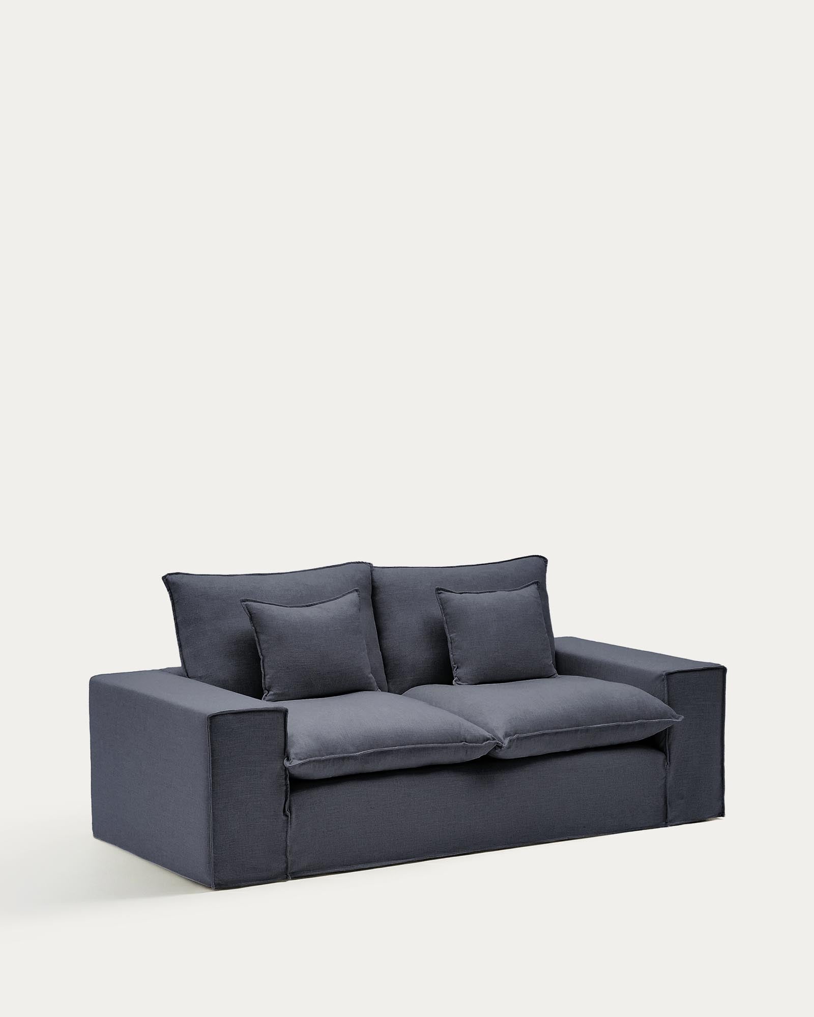 Elegantes 2-Sitzer-Sofa Anarela in dunklem Grau, gefertigt aus Leinen und Viskose, mit abnehmbarem Bezug für einfache Pflege und modernen Komfort.