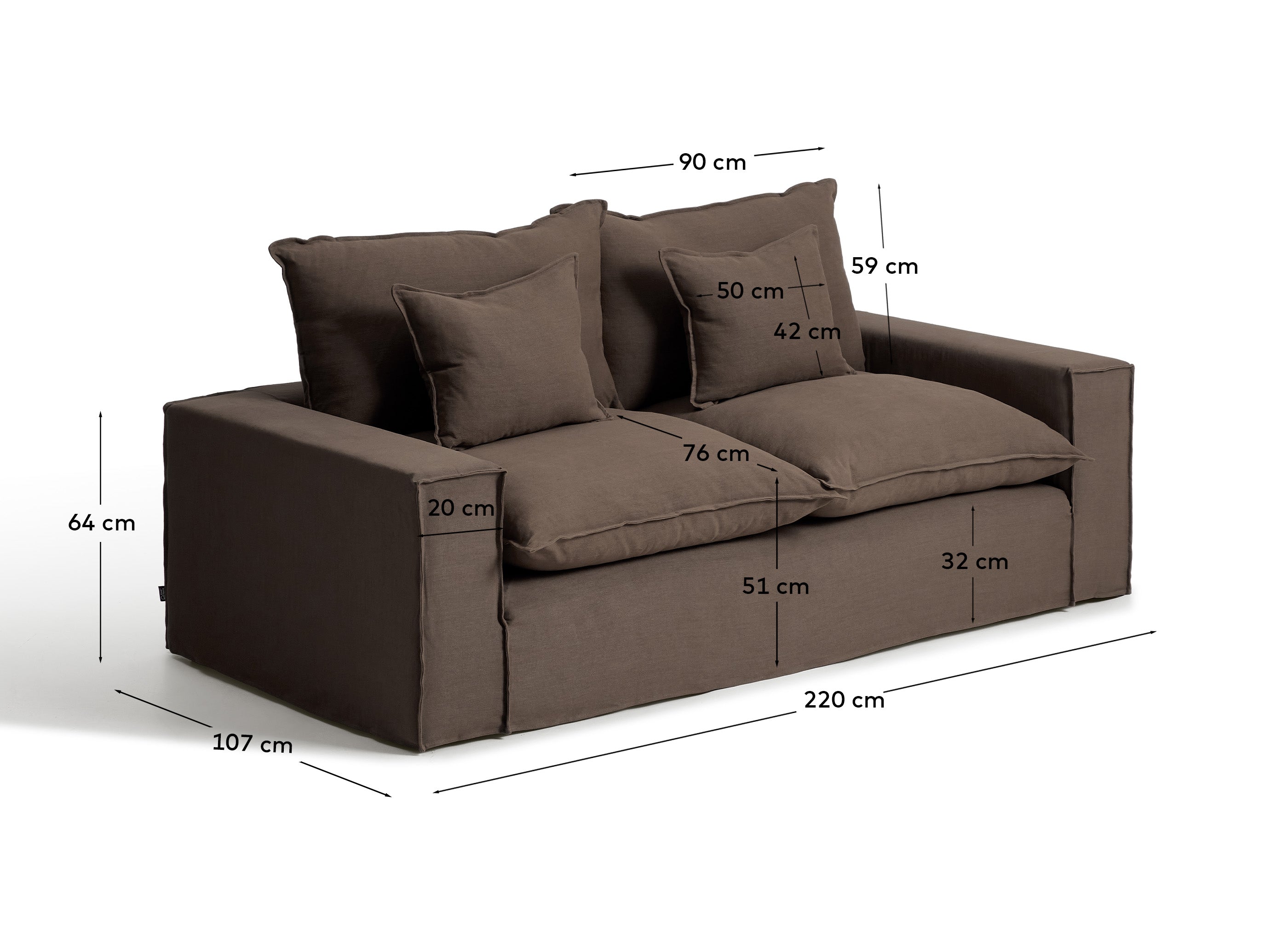 Gemütliches 2-Sitzer-Sofa Anarela in taupe, 220 cm, aus Leinen mit abnehmbarem Bezug, perfekt für moderne und nachhaltige Einrichtung.