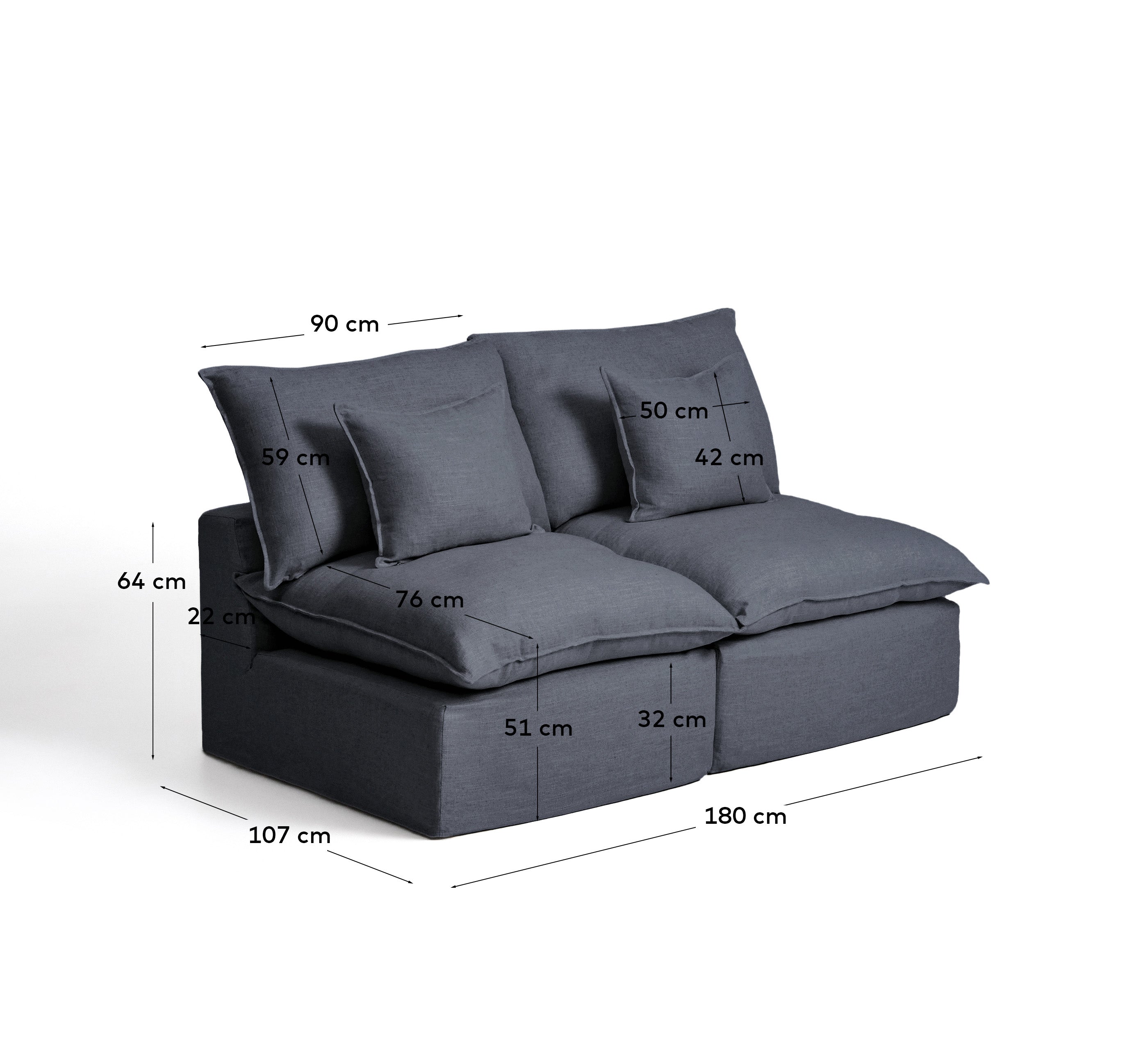 Stylisches 2-Sitzer-Modularsofa Anarela in dunkler Farbgebung, gefertigt aus Leinen und Viskose, perfekt für zeitgemäße Wohnkonzepte.