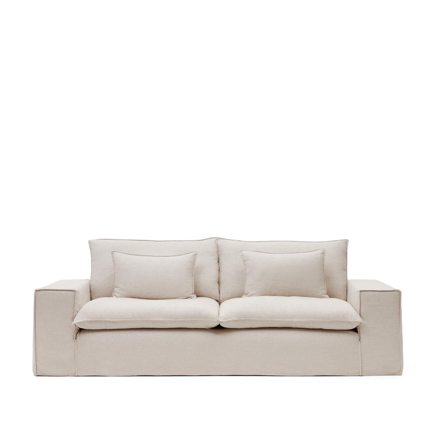 3D-Modell des eleganten Anarela 3-Sitzer-Sofas in Beige, 280 cm, mit abnehmbarem Leinenbezug.