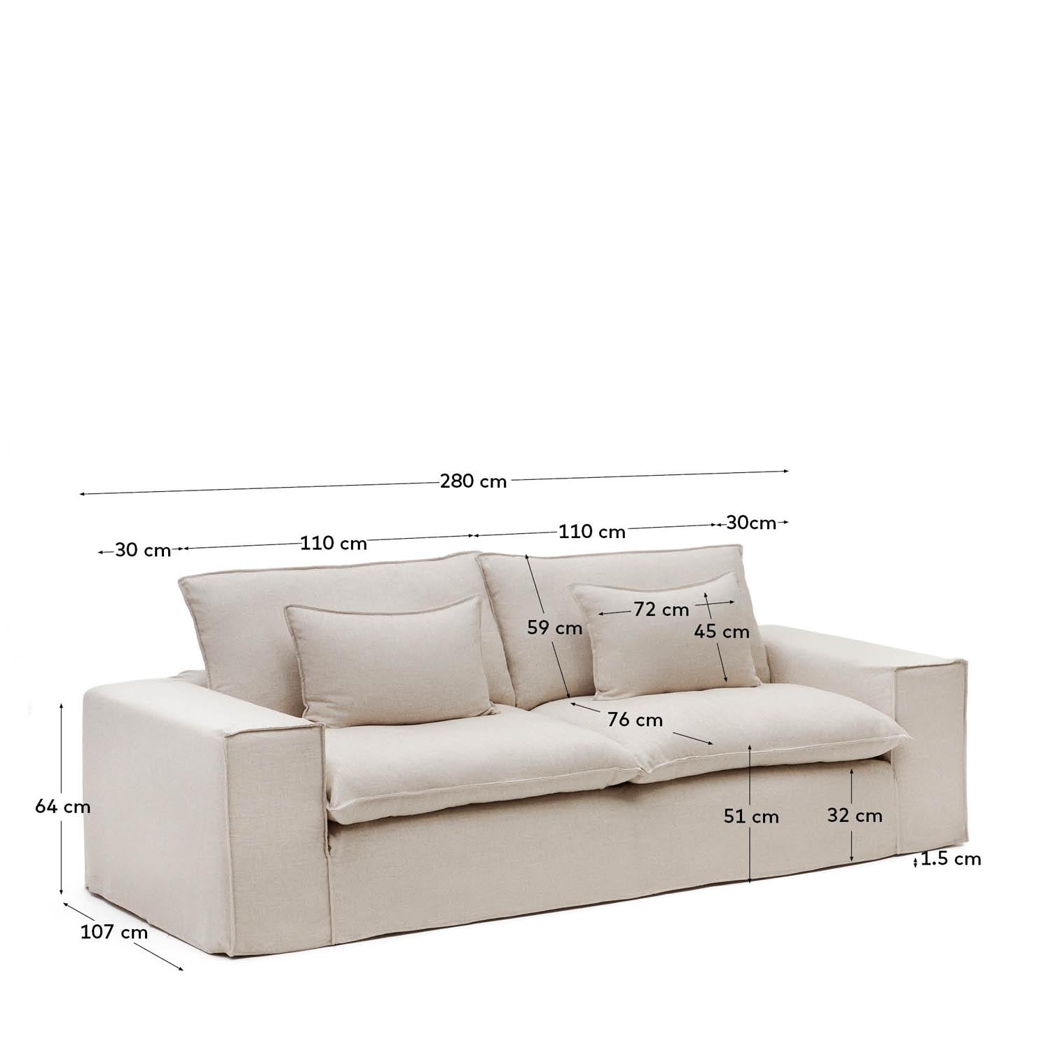 Luxuriöses Anarela Sofa 280 cm, beige Leinen, abnehmbarer Bezug.