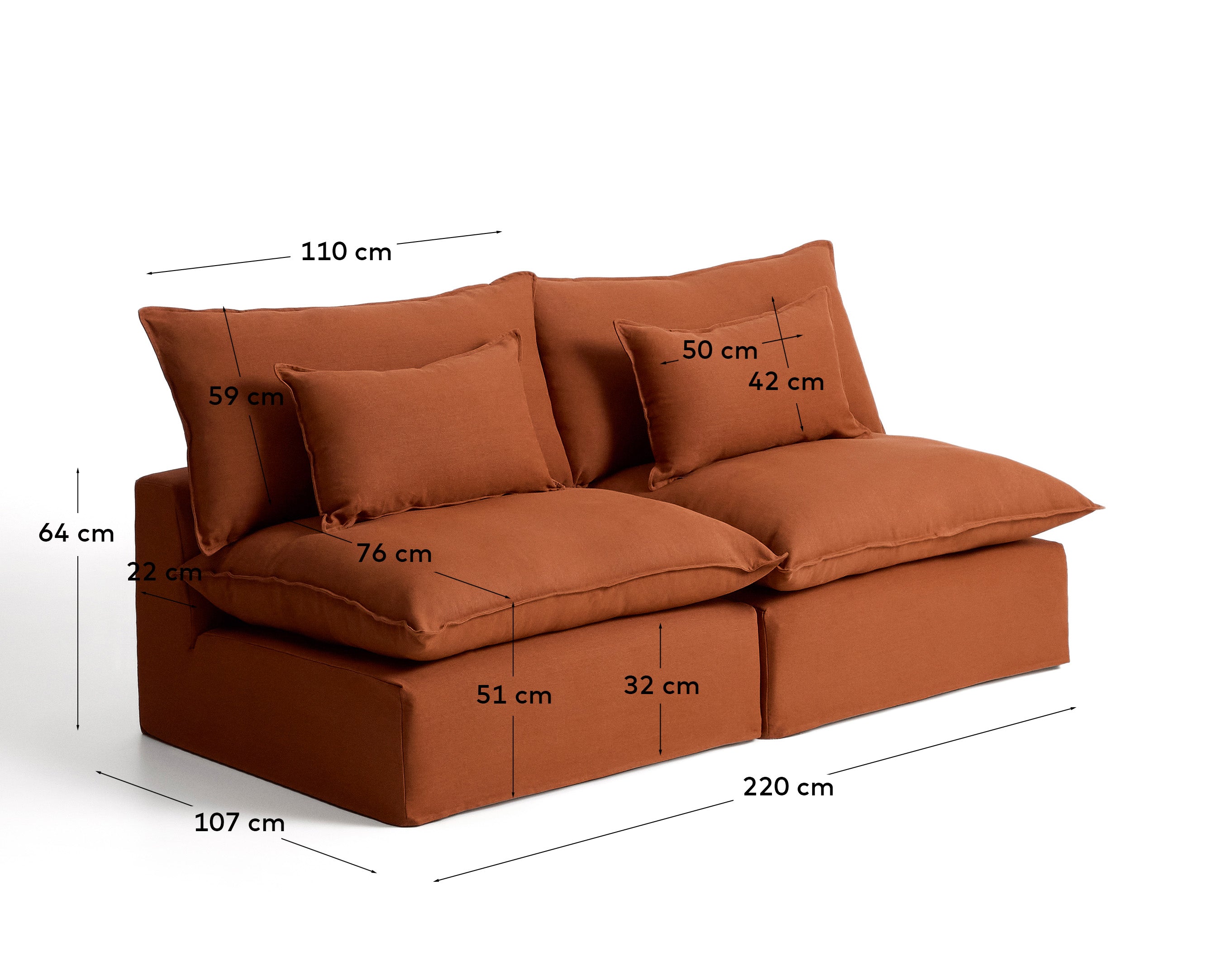 Elegantes 3-Sitzer-Modularsofa Anarela in warmem Terrakotta, gefertigt aus Leinen mit abnehmbarem Bezug, perfekt für moderne Interiors.