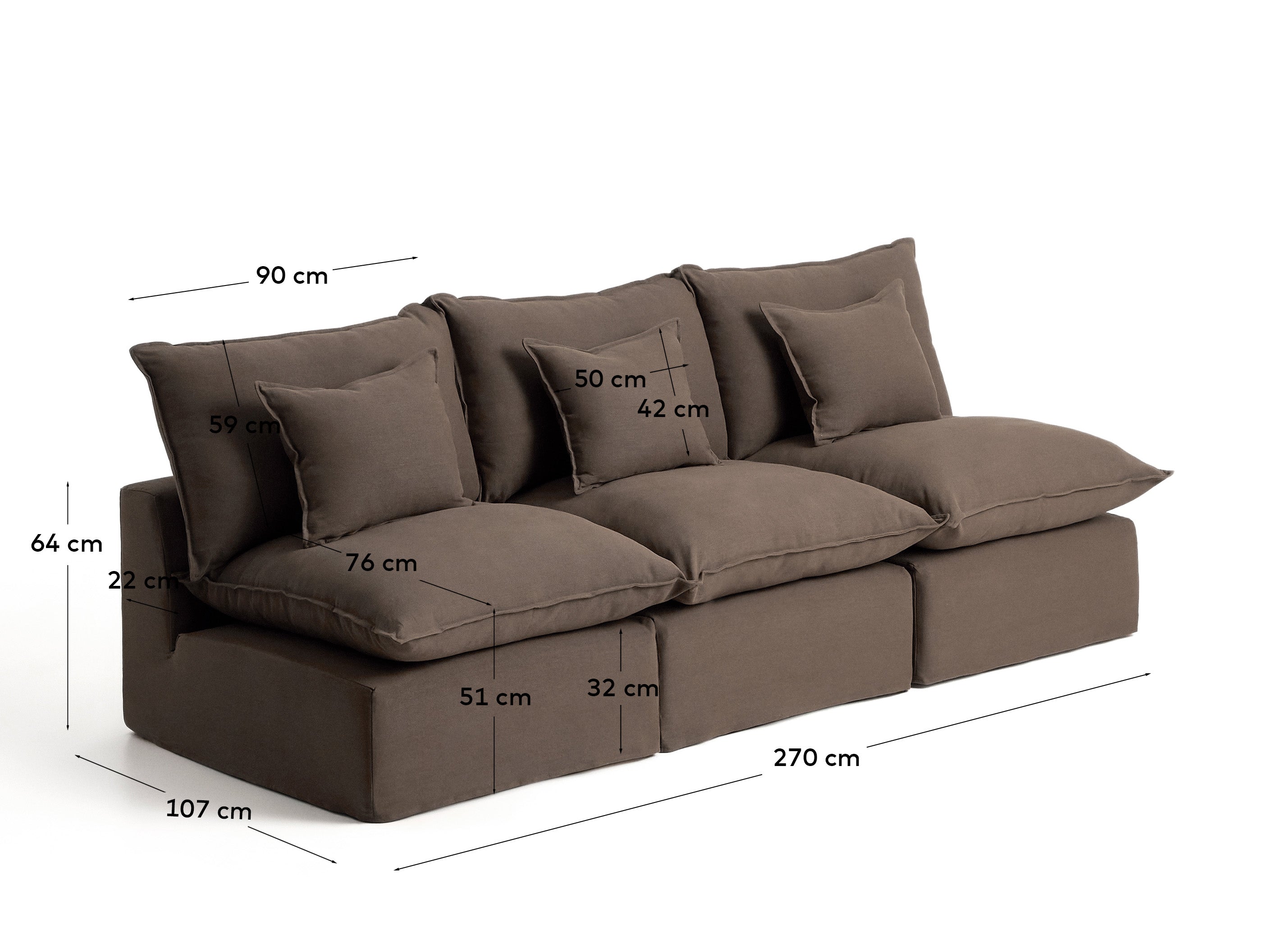 Elegantes 3-Sitzer-Modularsofa Anarela in Taupe, mit abnehmbarem Leinenbezug, ideal für stilvolle Wohnräume und nachhaltige Einrichtung.