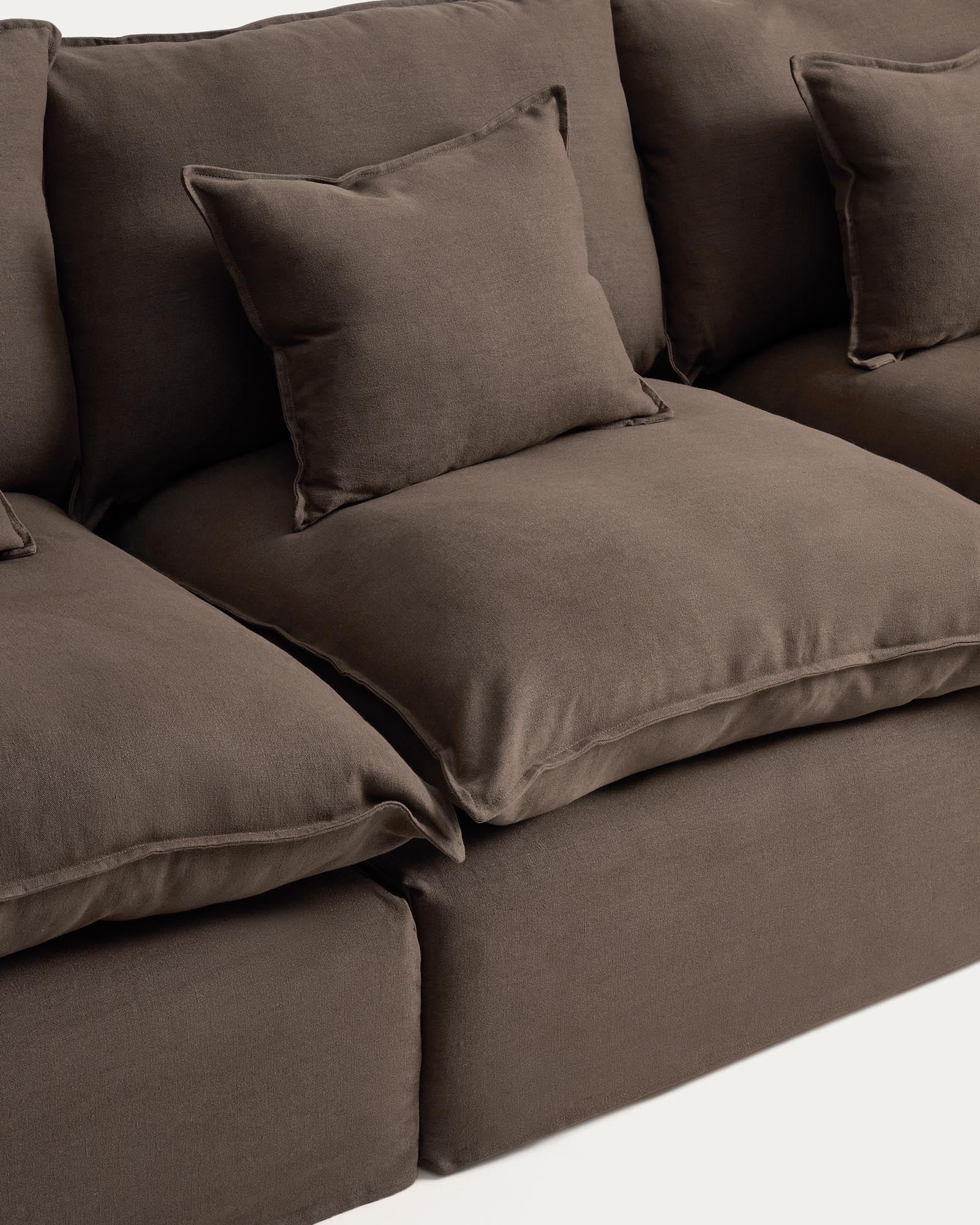 Modulares 3-Sitzer-Sofa Anarela in taupe, aus hochwertigem Leinen mit abnehmbarem Bezug, 310 cm, perfekt für moderne Wohnkonzepte.