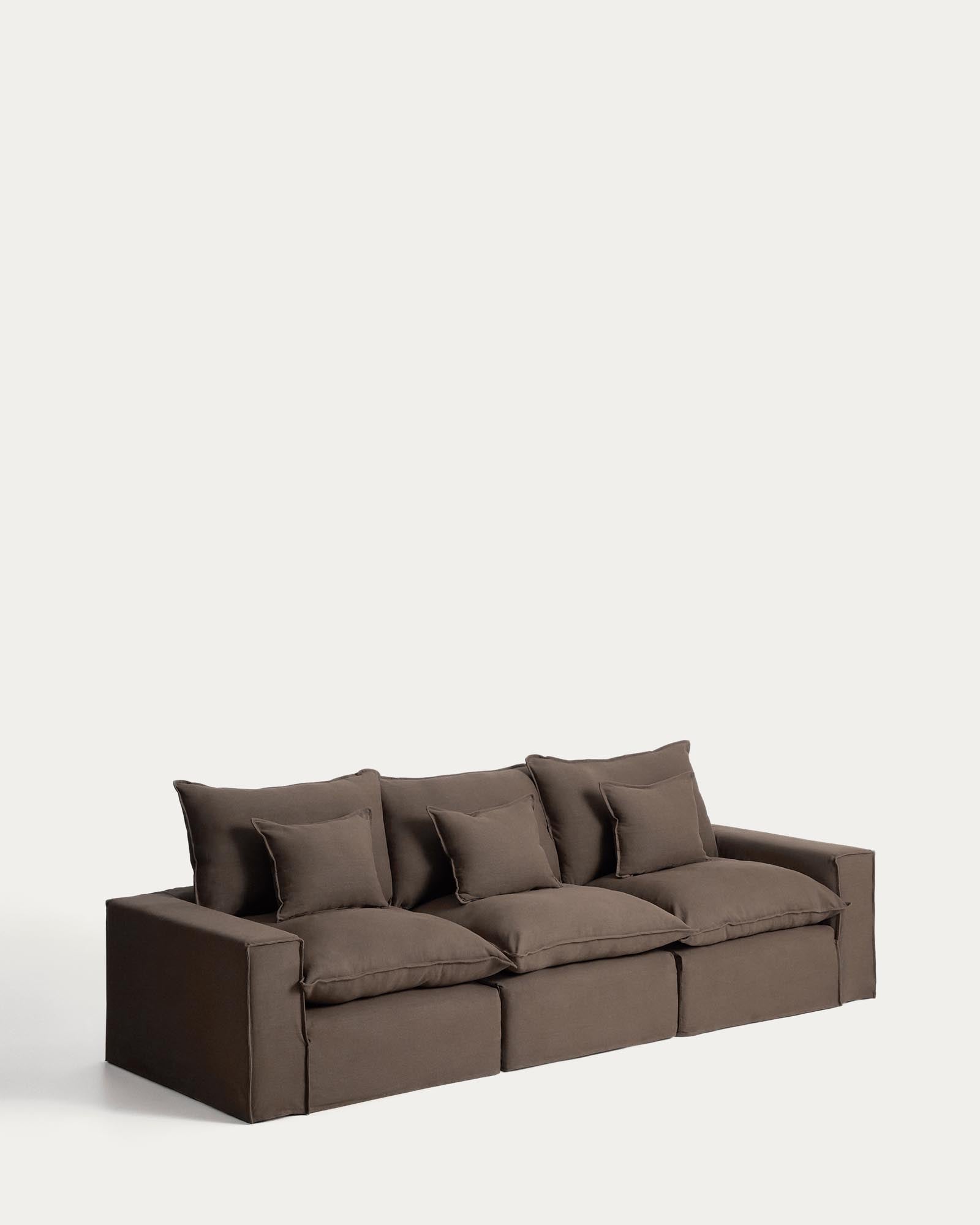 Modulares 3-Sitzer-Sofa Anarela in taupe, aus hochwertigem Leinen mit abnehmbarem Bezug, perfekt für moderne Wohnkonzepte.