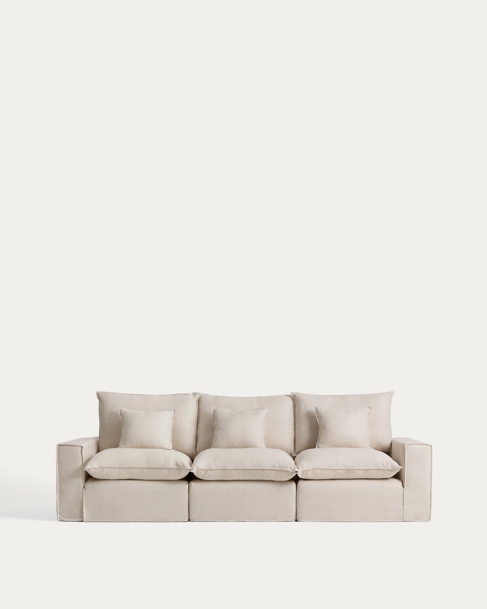 3-Sitzer-Modularsofa Anarela mit abnehmbarem Bezug aus Leinen und Viskose in Beige, 310 cm, FSC Mix Credit in Beige präsentiert im Onlineshop von KAQTU Design AG. 3er Sofa ist von Kave Home