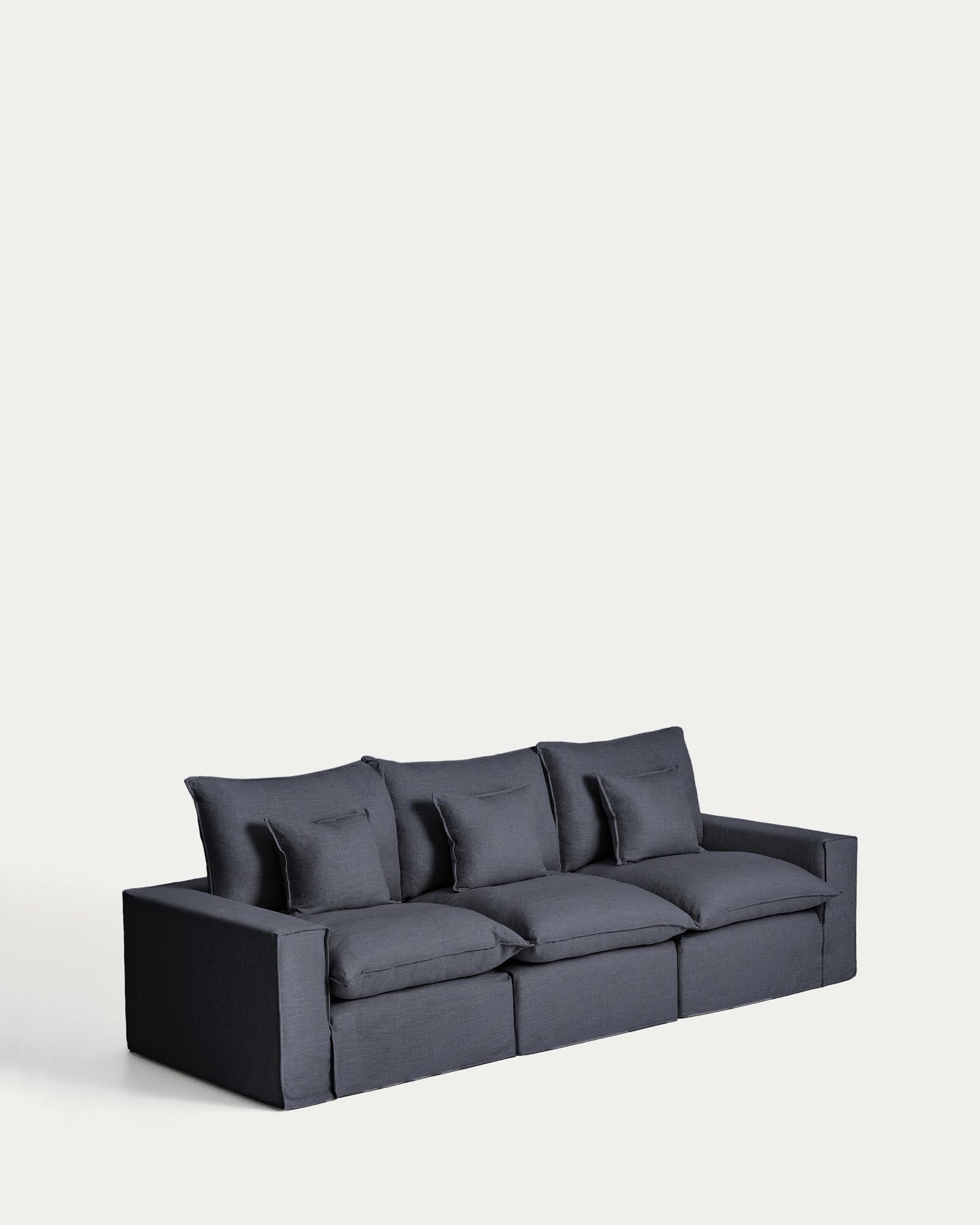 Stilvolles 3-Sitzer-Modularsofa Anarela in dunkler Farbgebung, aus hochwertigem Leinen und Viskose, ideal für modernes Wohnen.
